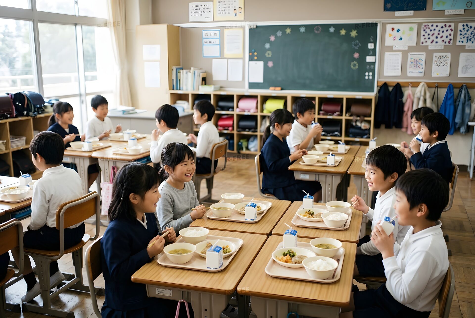 机を向かい合わせて給食を食べる子どもたち