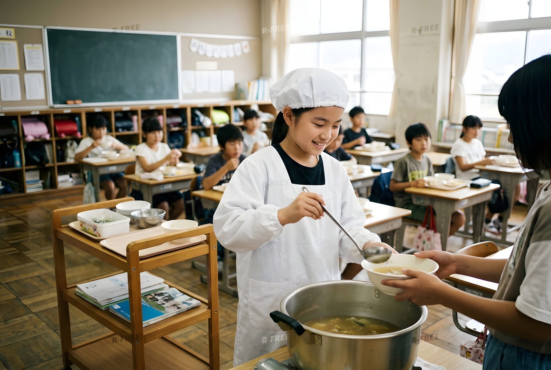 お玉でおかずをよそう給食当番の女の子