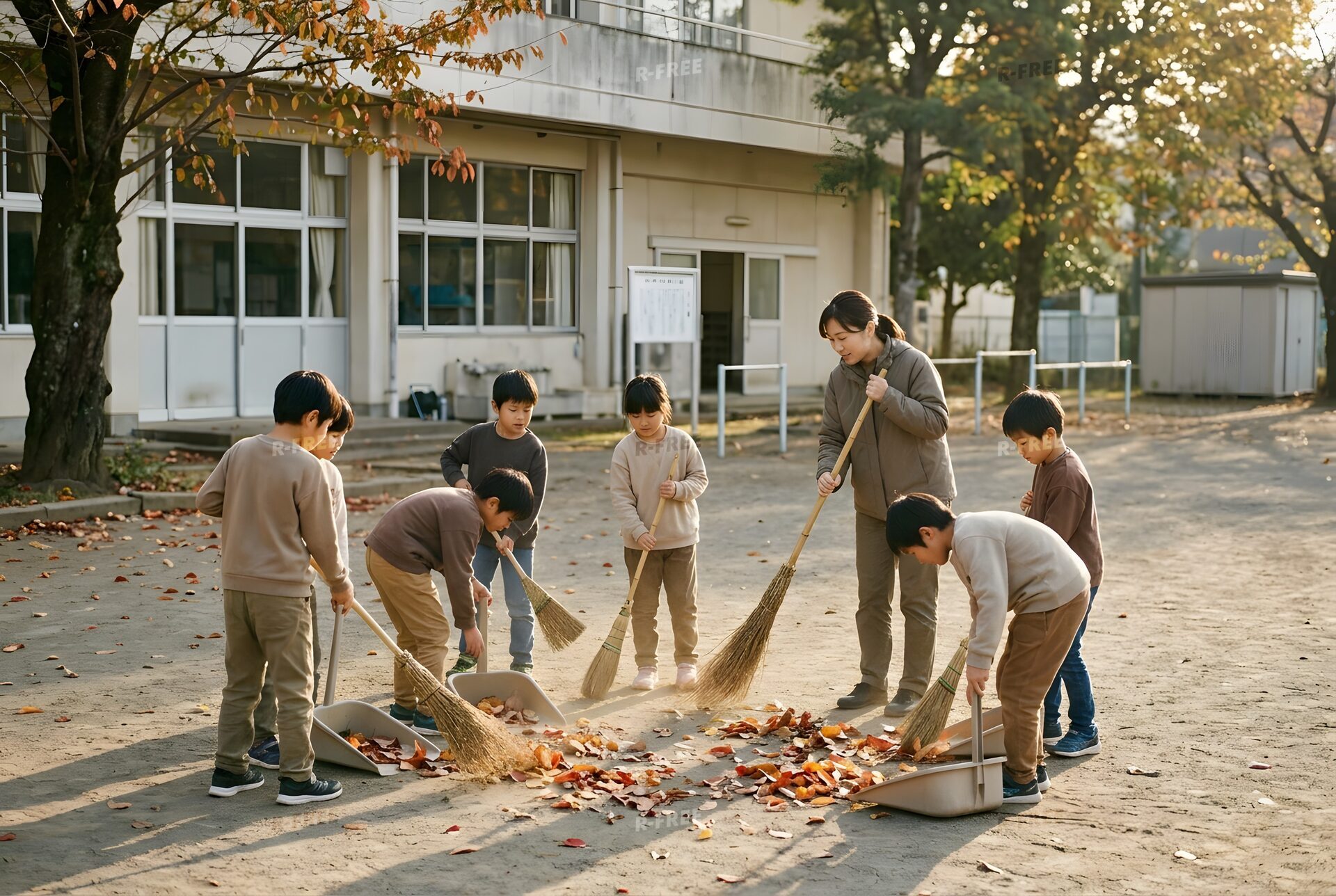 校庭の落ち葉を掃く子どもたち