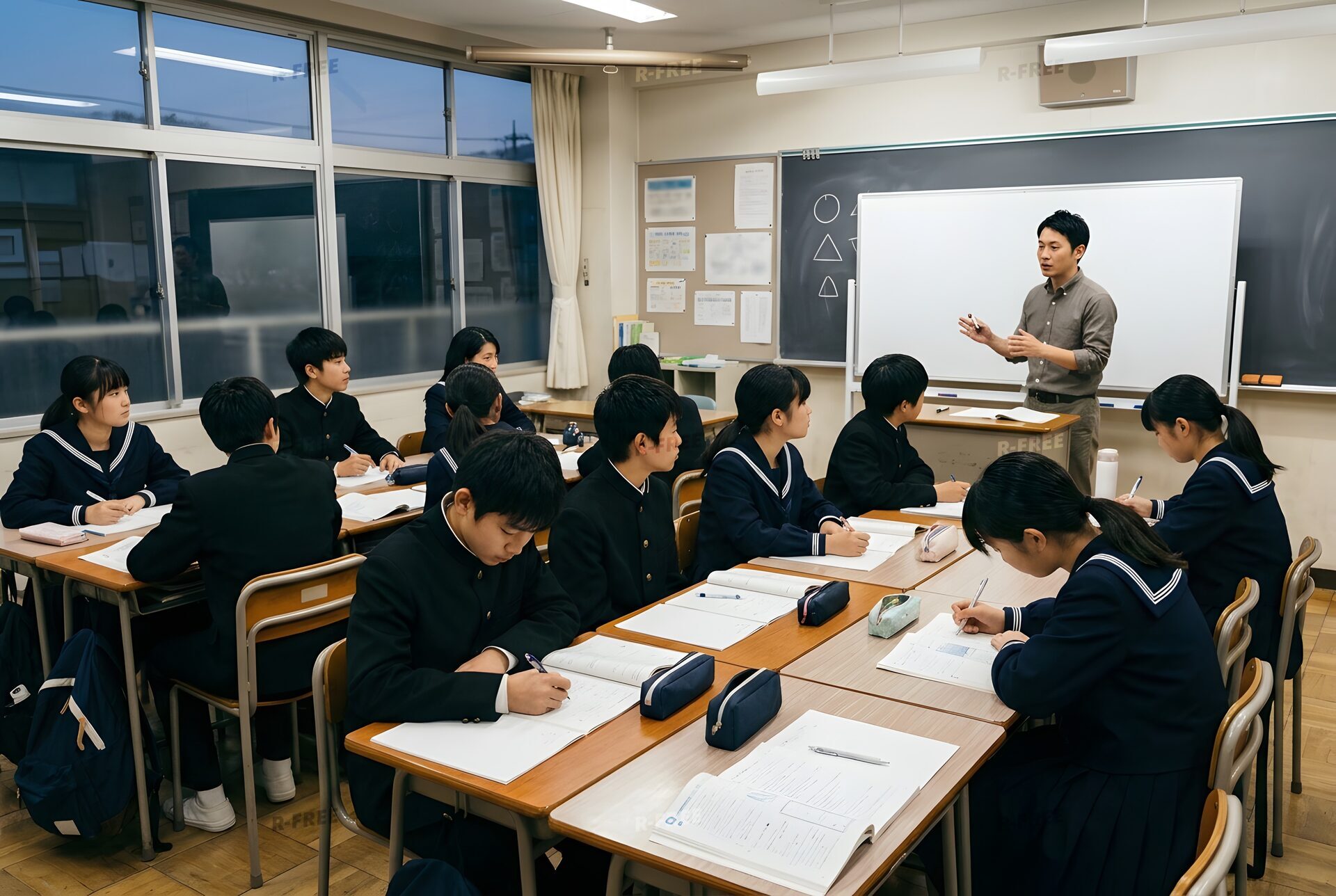 夜の塾で講師の話を聞く中学生たち