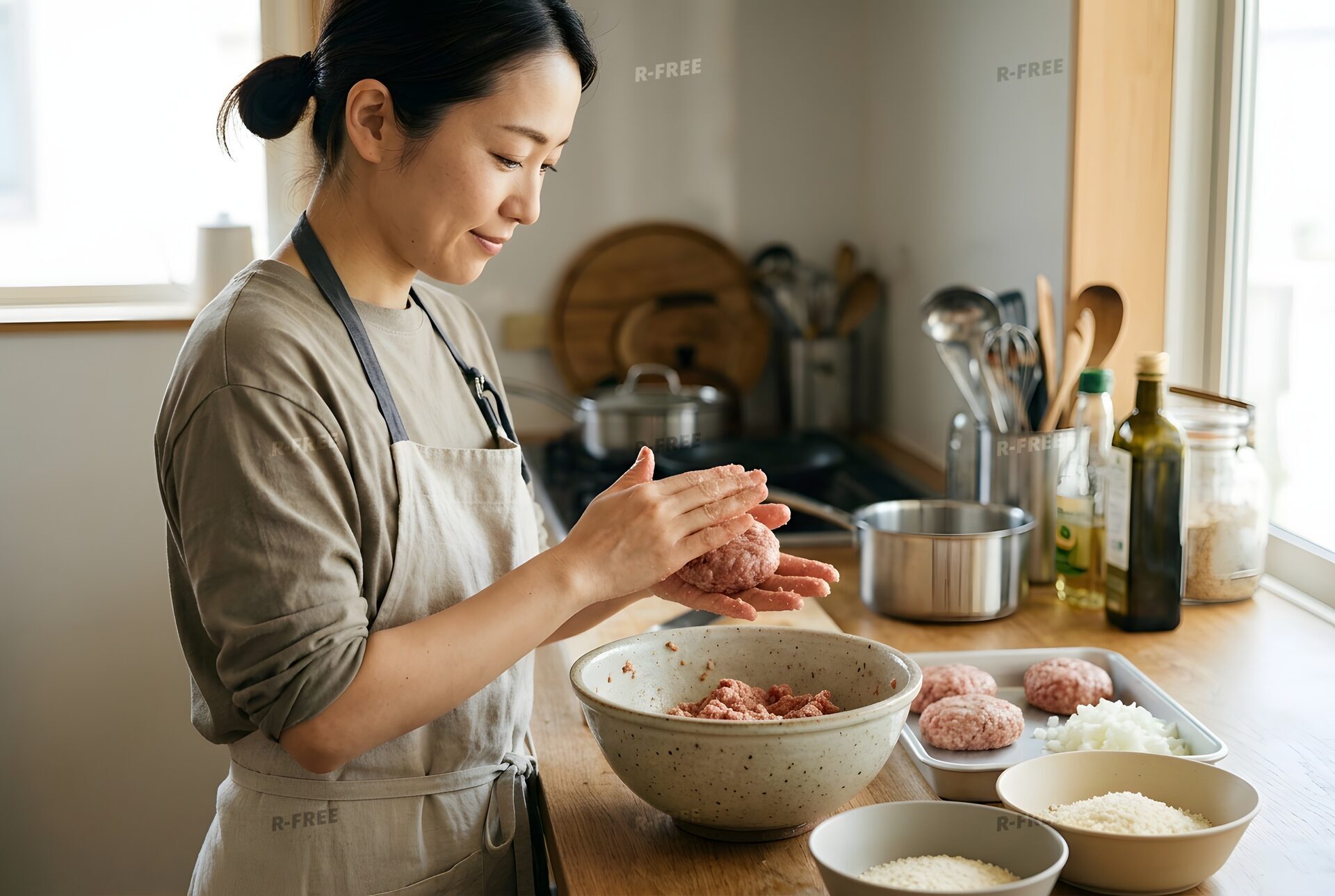 ハンバーグのたねを成形する女性