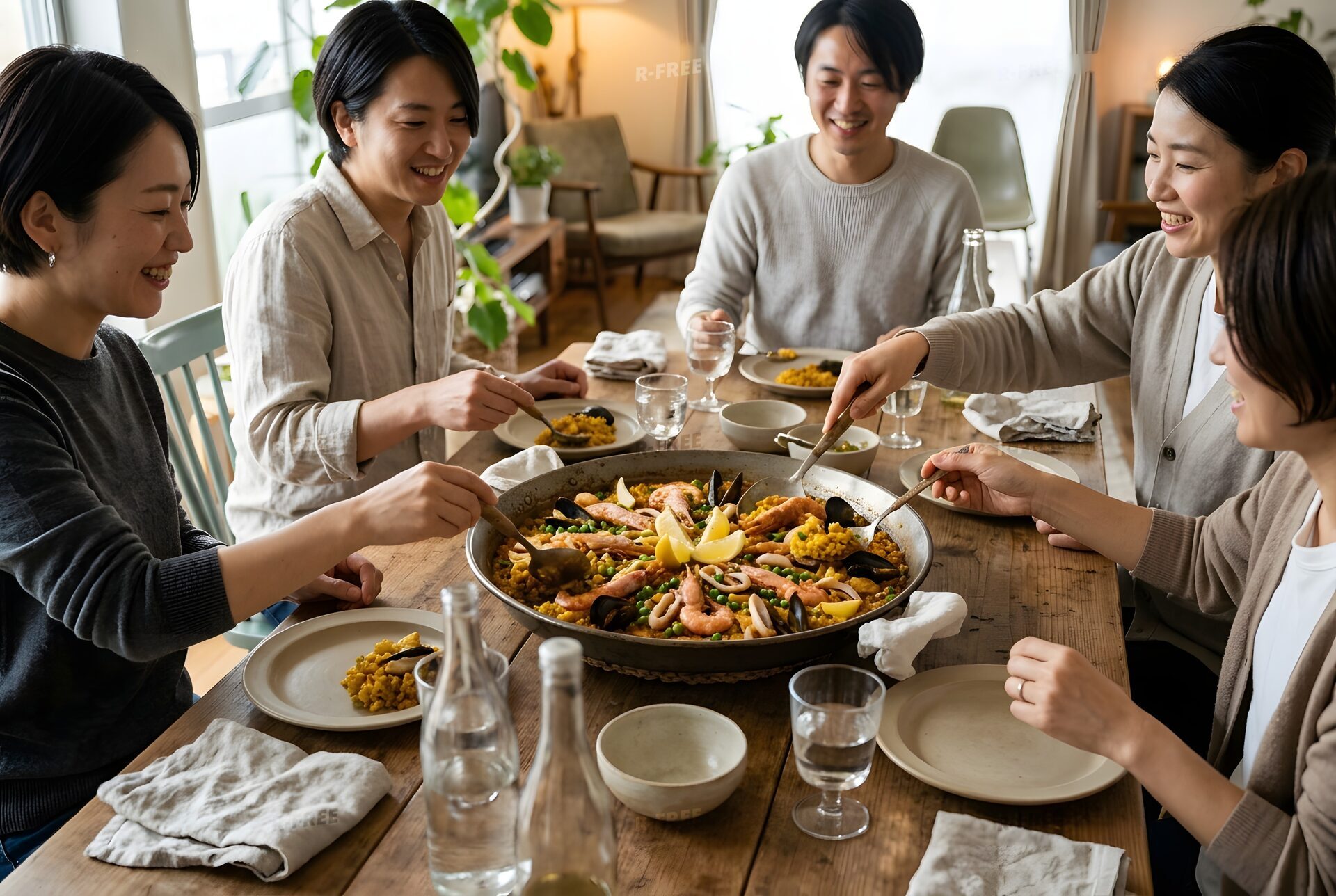 鍋を囲んでパエリアを取り分ける友人たち