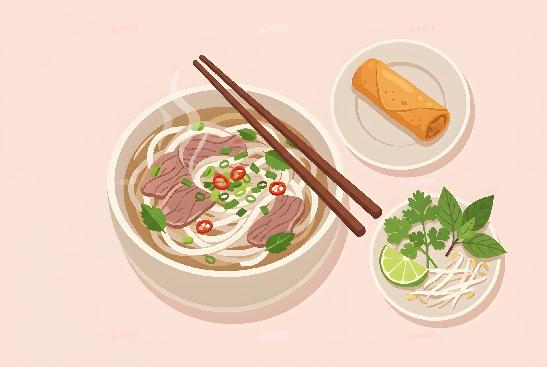 フォーと春巻きのイラスト