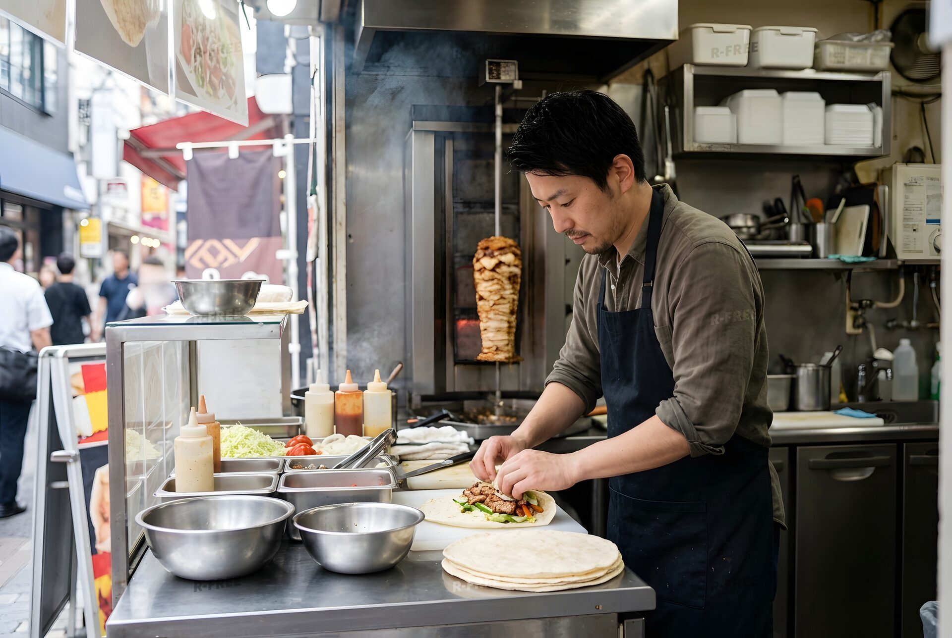 ケバブを巻く屋台の男性