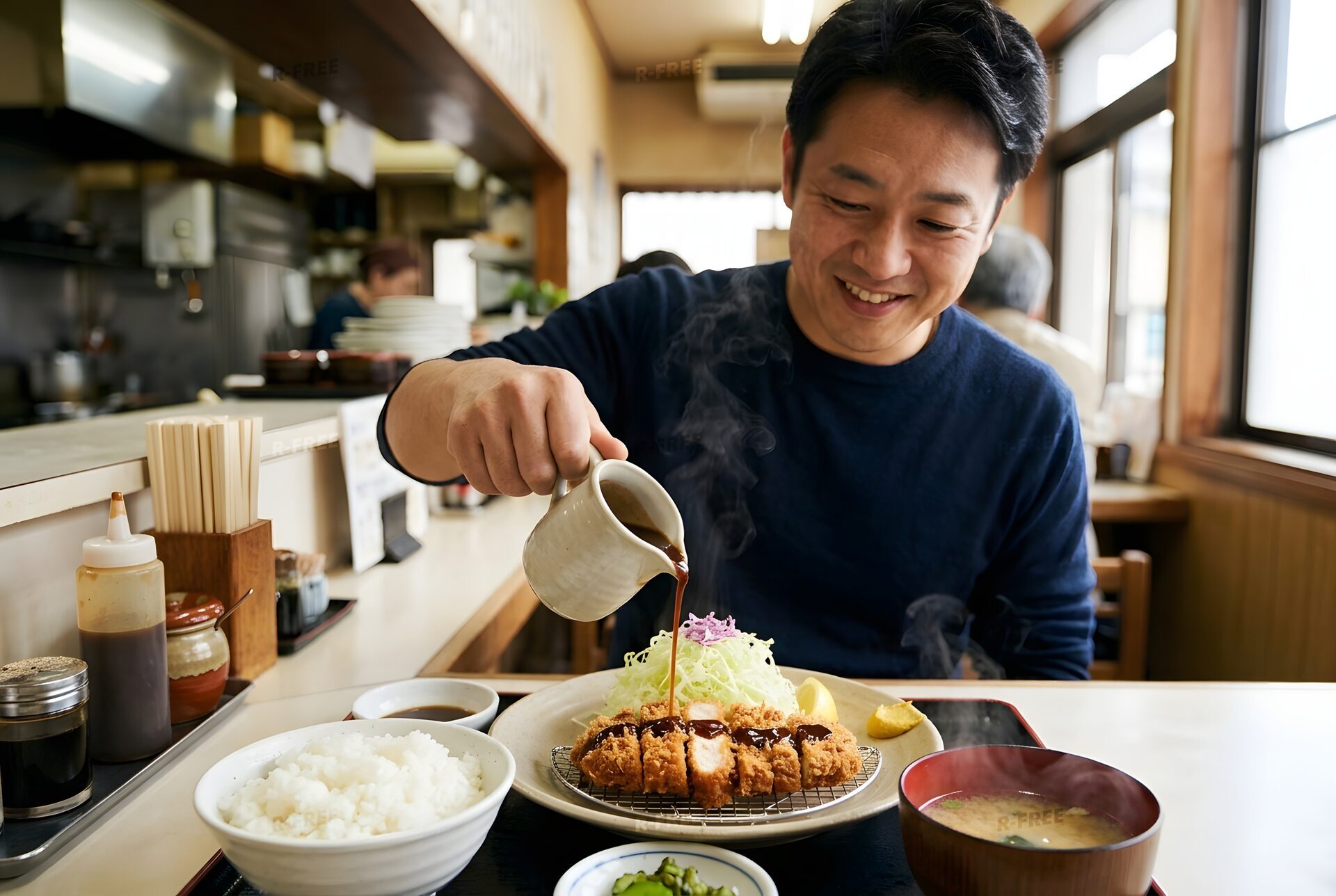 とんかつにソースをかける男性