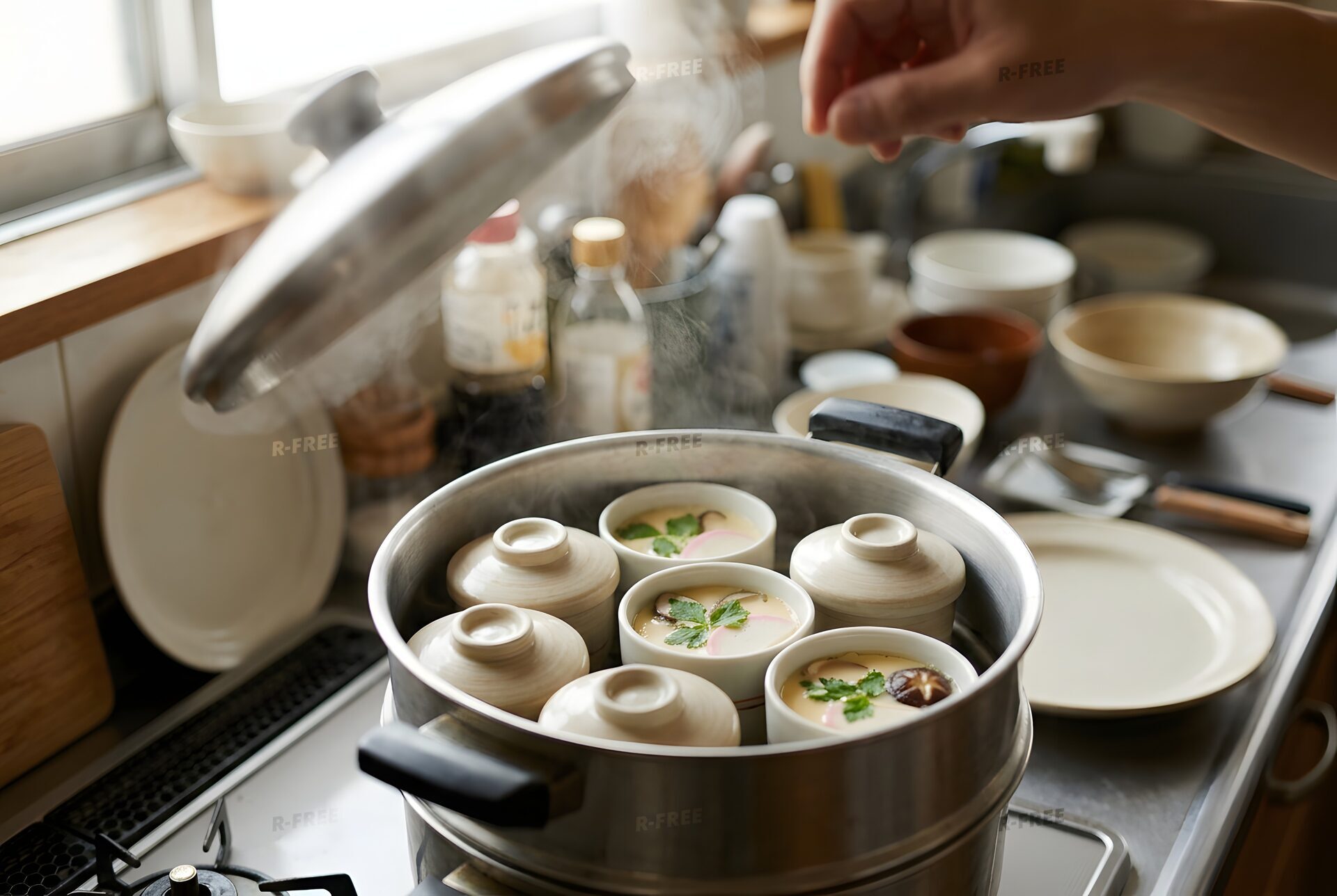 蒸し器に並ぶ茶碗蒸し