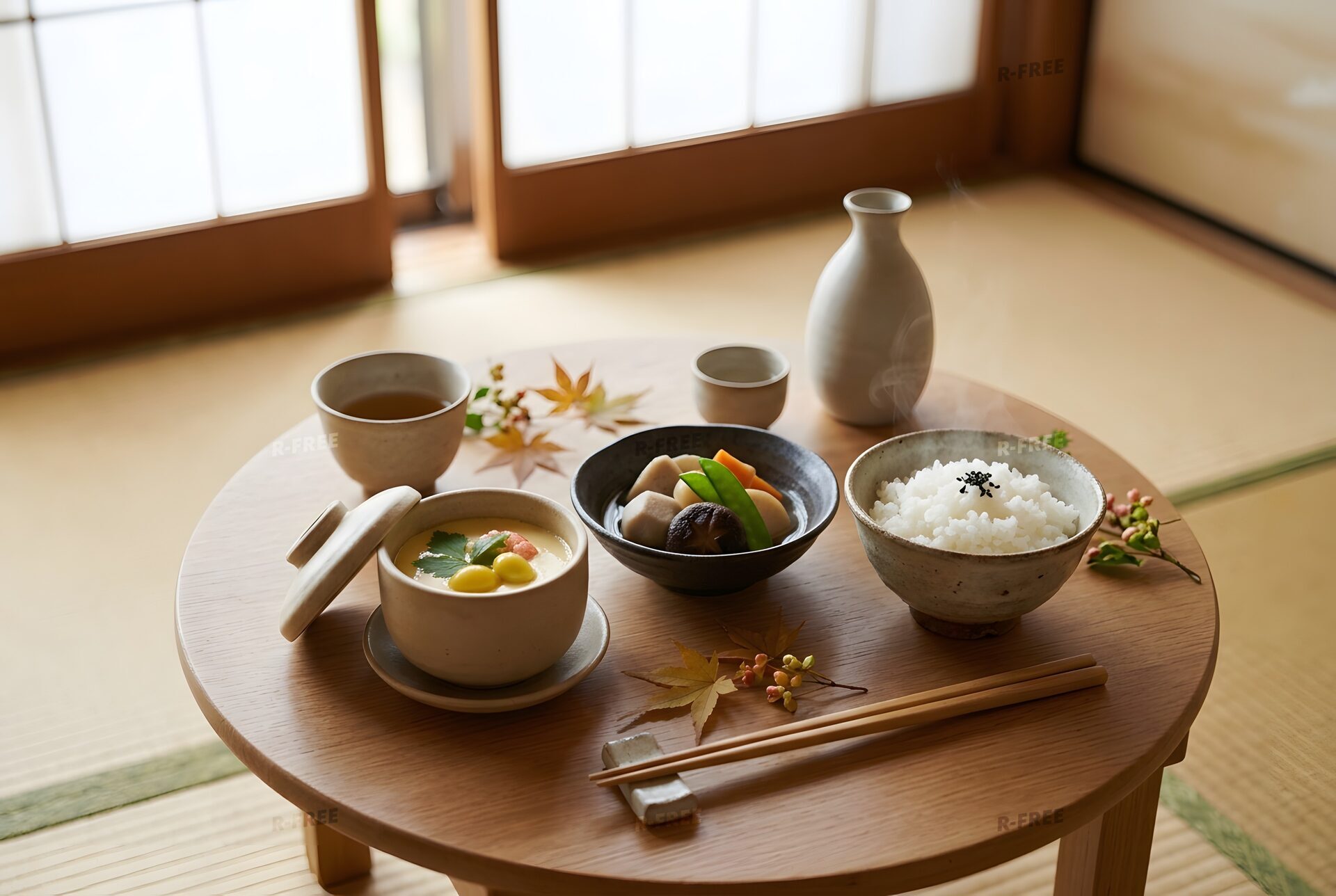 和室の膳に並ぶ茶碗蒸し