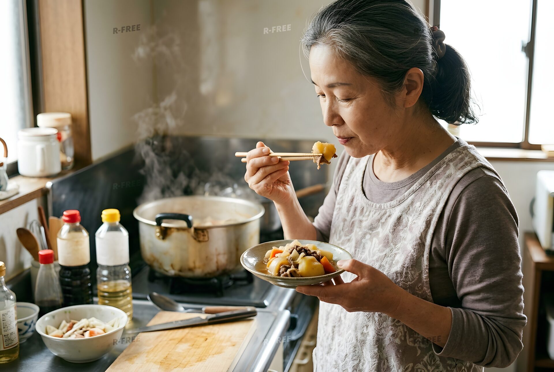 肉じゃがの味見をする女性