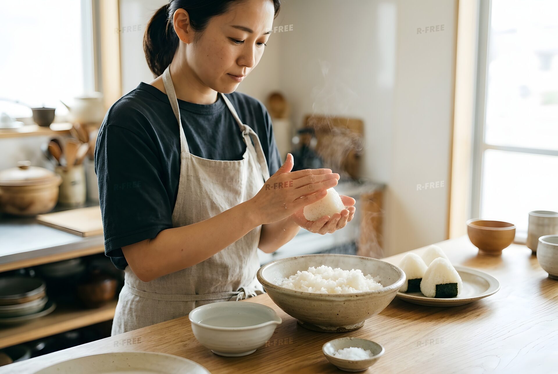 おにぎりを握る女性