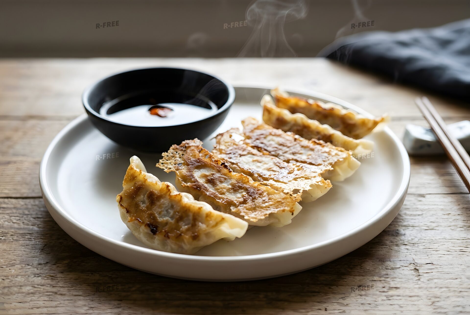 焼き目のついた焼き餃子とたれ