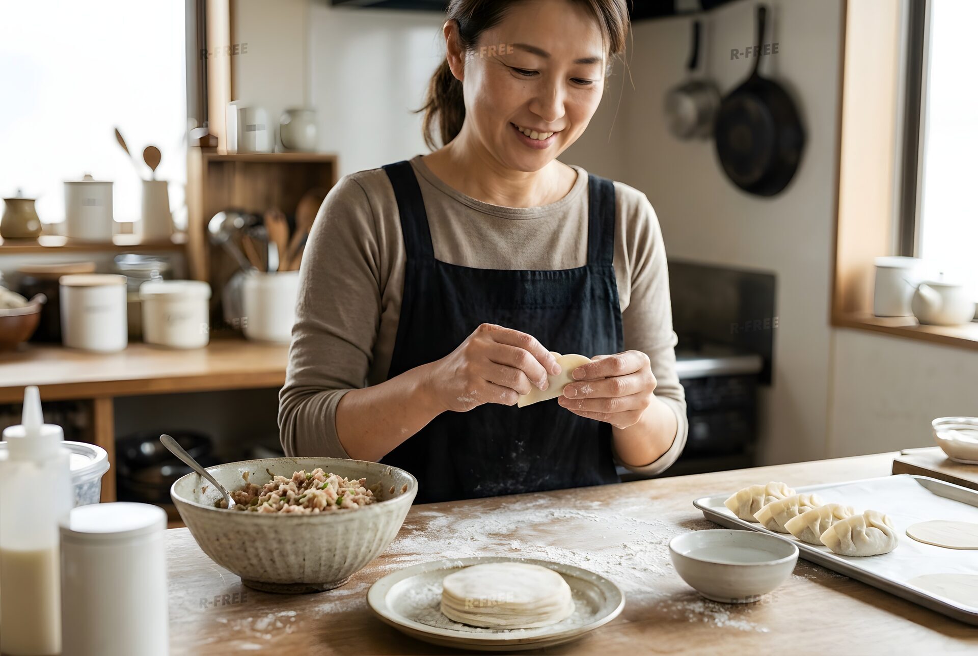 餃子を包む女性