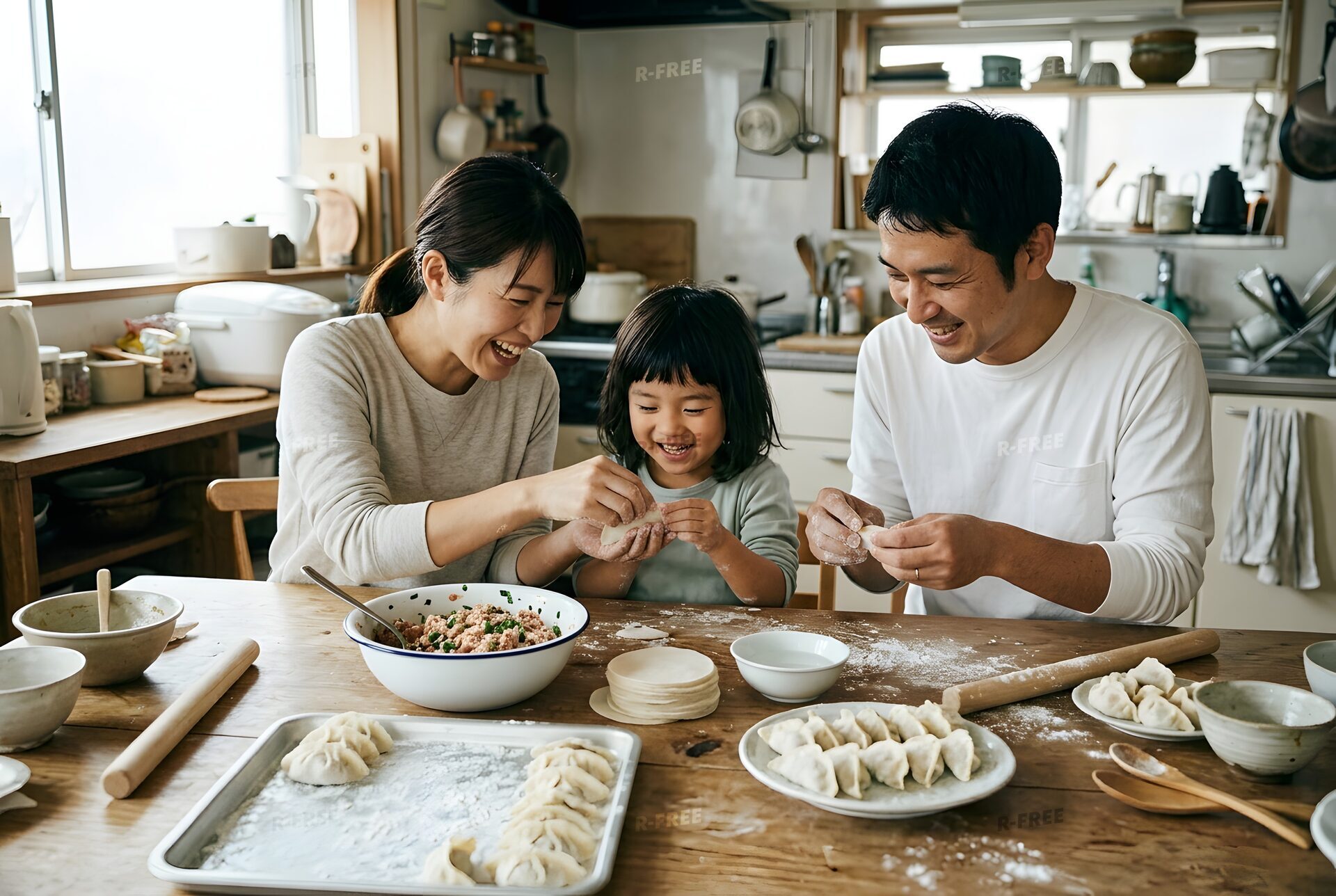 家族で餃子を包む食卓