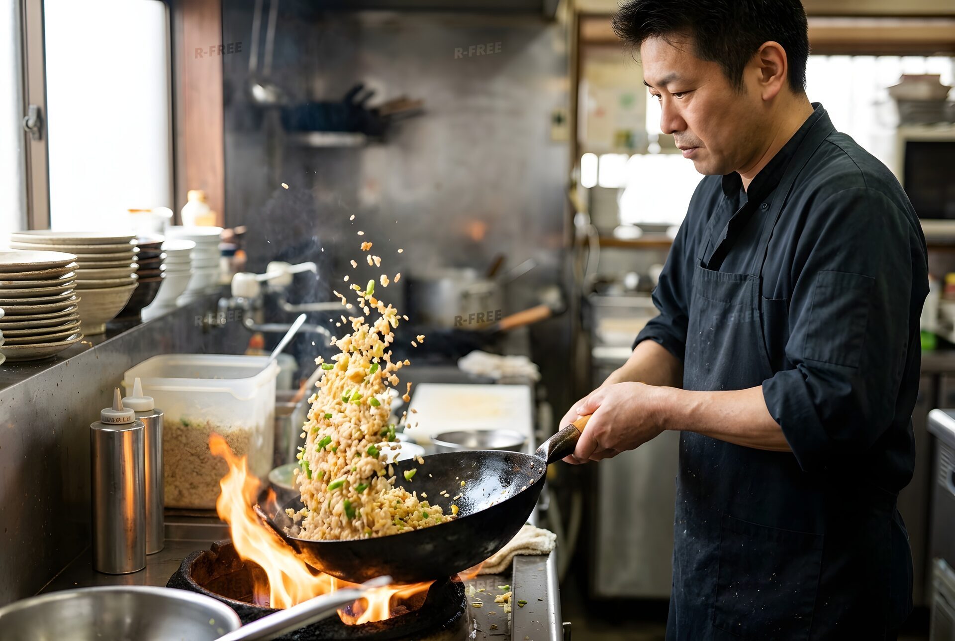 炎の中で鍋を振る料理人
