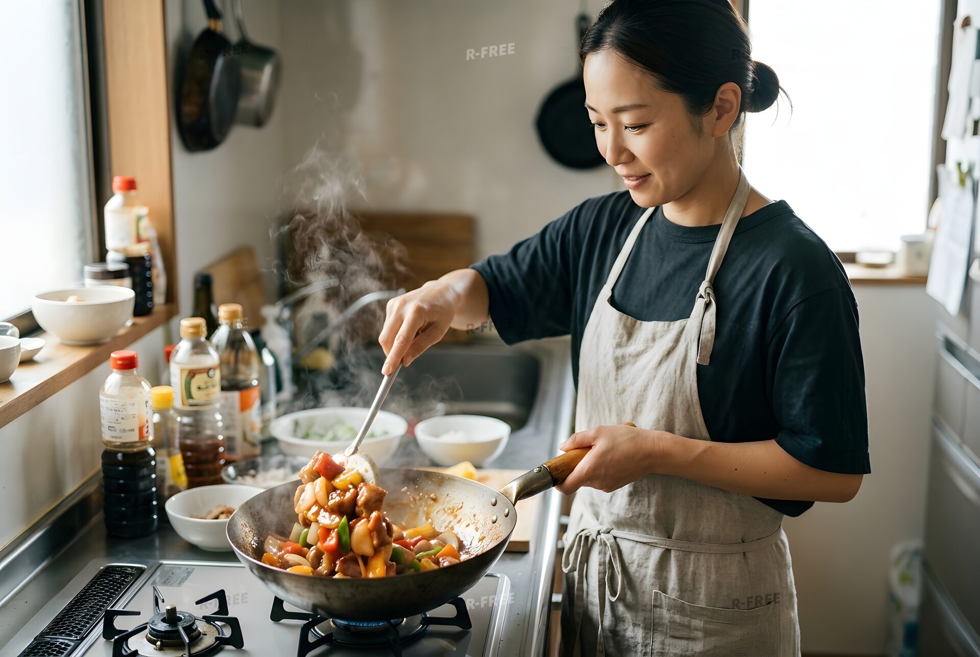 酢豚を炒める女性