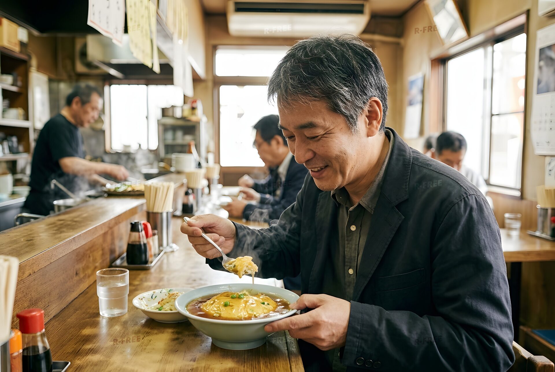 レトロな食堂で天津飯を食べる男性