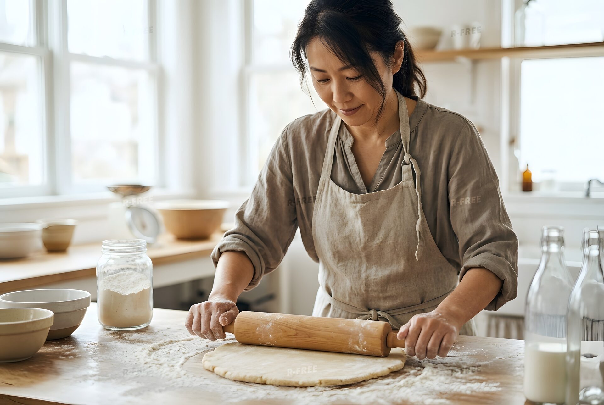 パイ生地をのばす女性