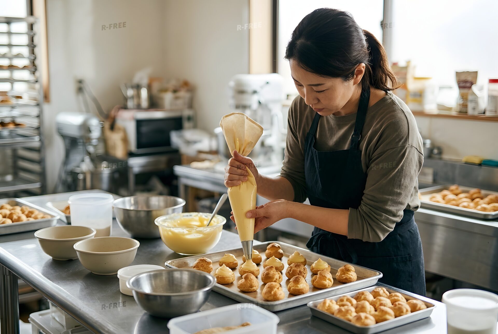 シュー生地にクリームを絞る女性