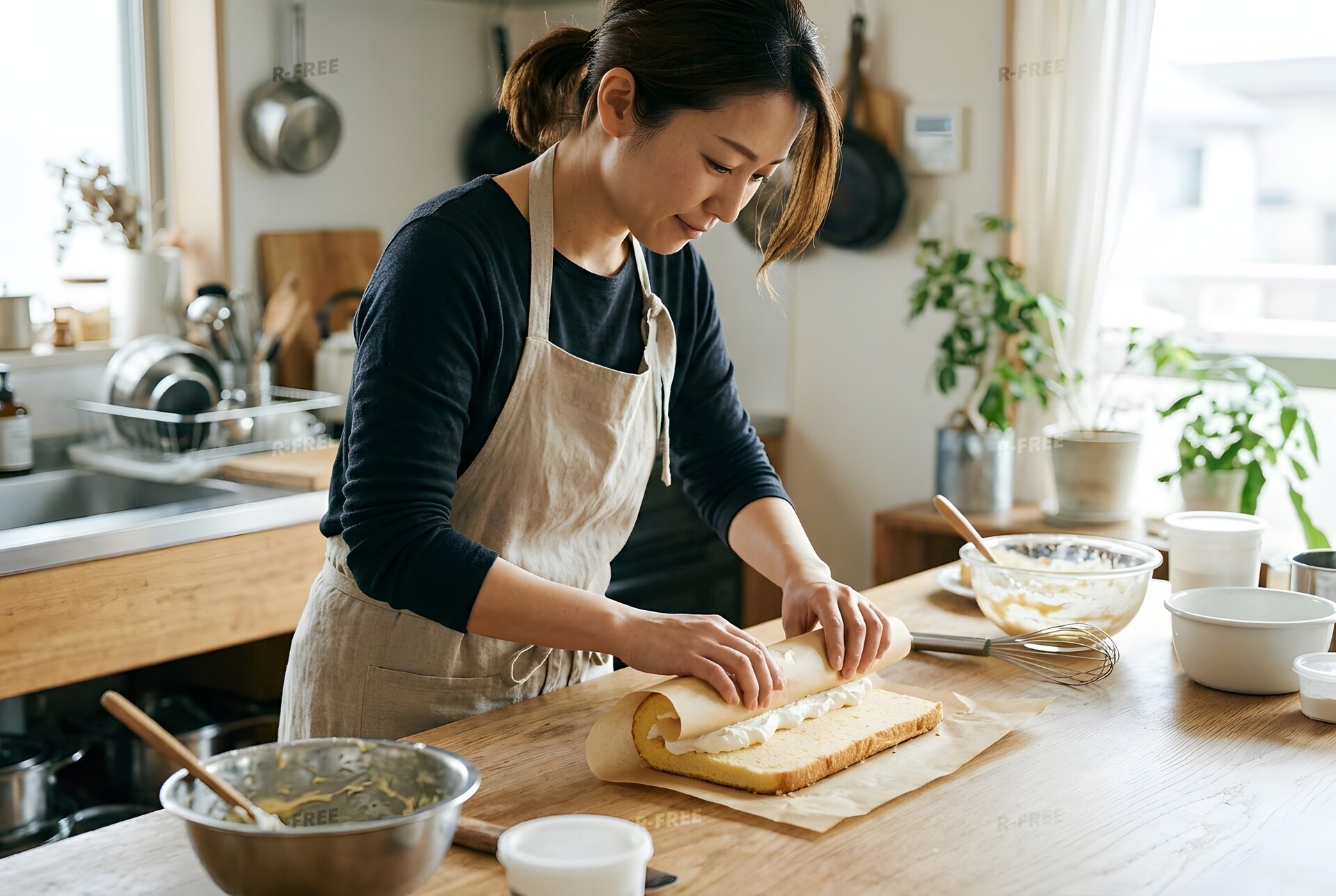 スポンジ生地を巻く女性