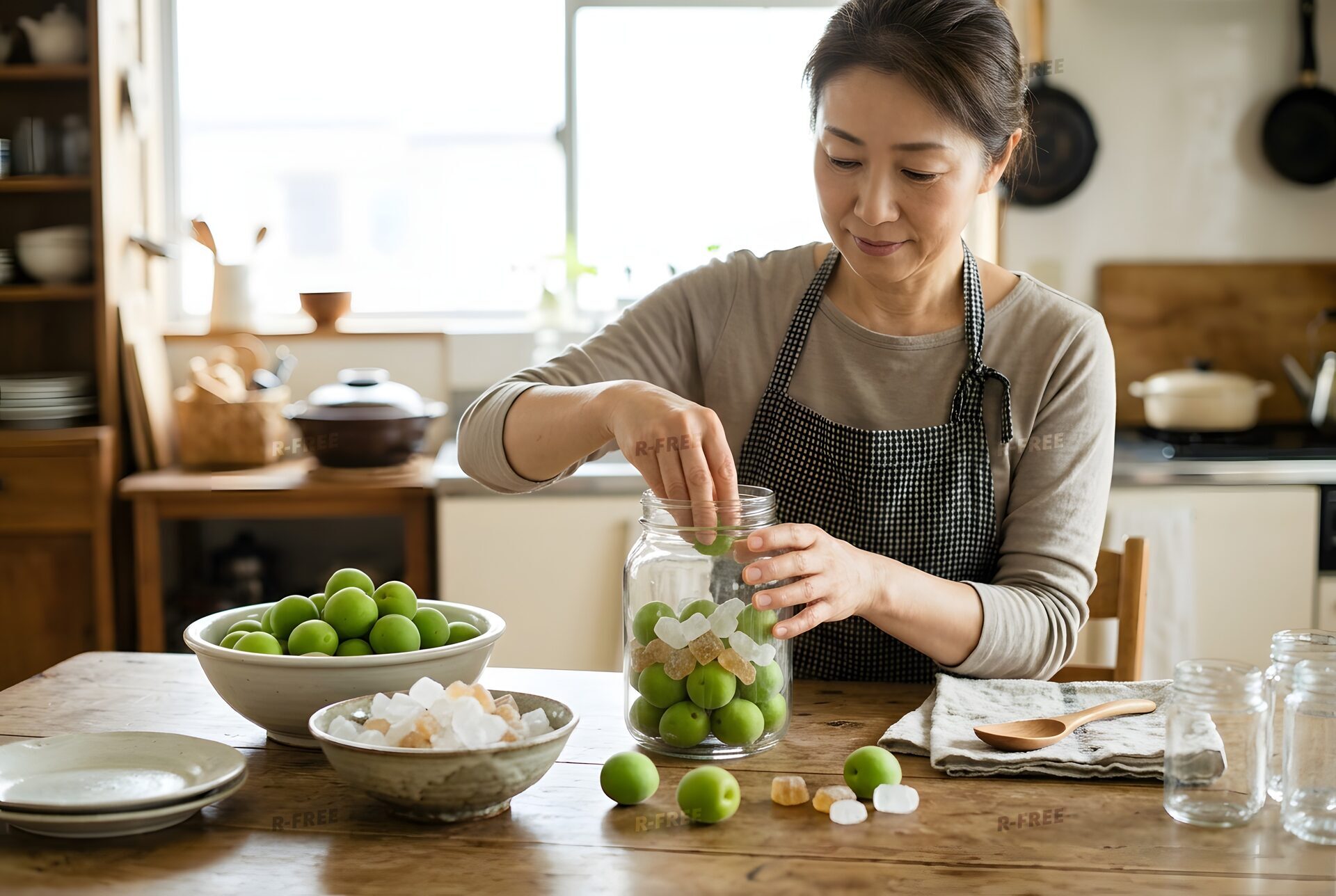 梅を瓶に詰める女性