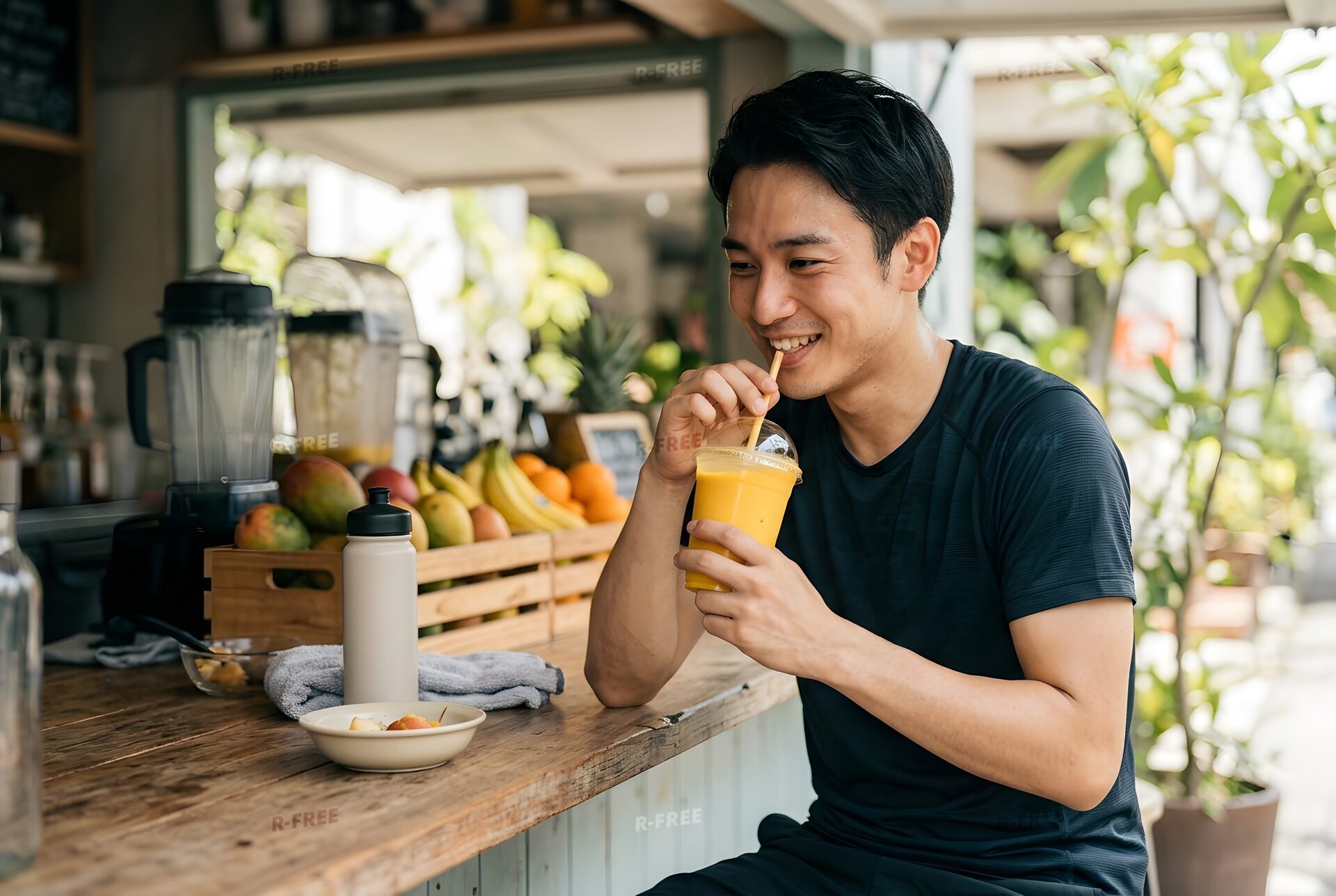 ジムの後にスムージーを飲む男性