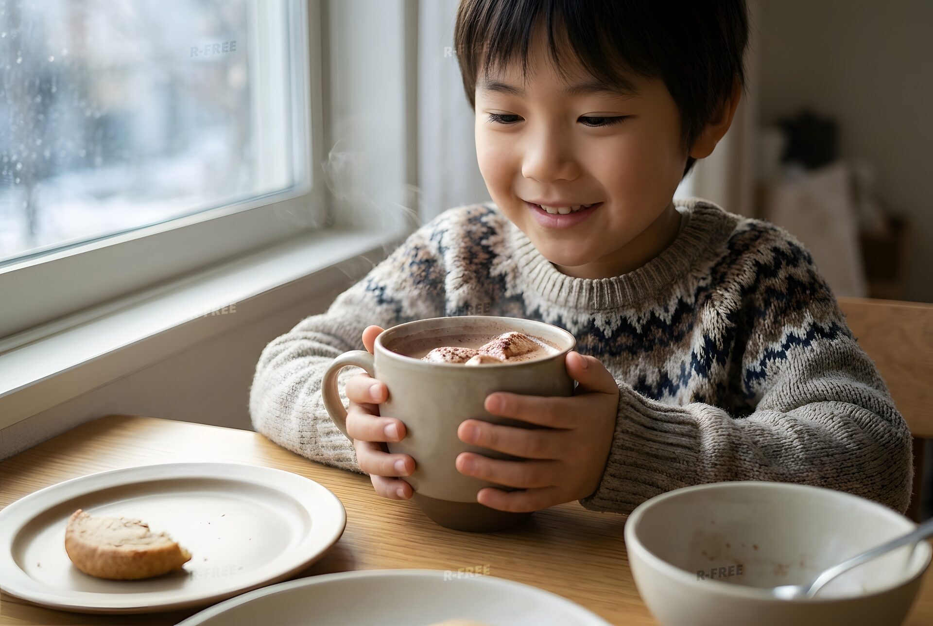 ココアを両手で持つ子ども