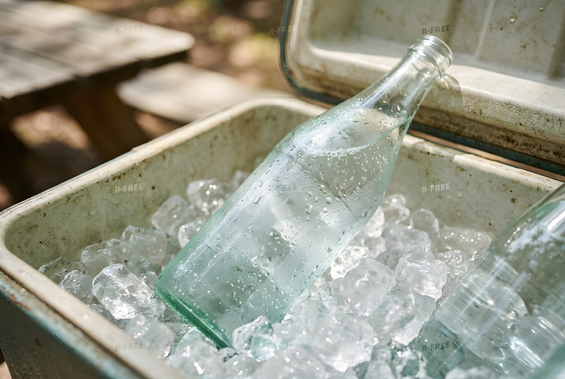 氷で冷やした炭酸水の瓶