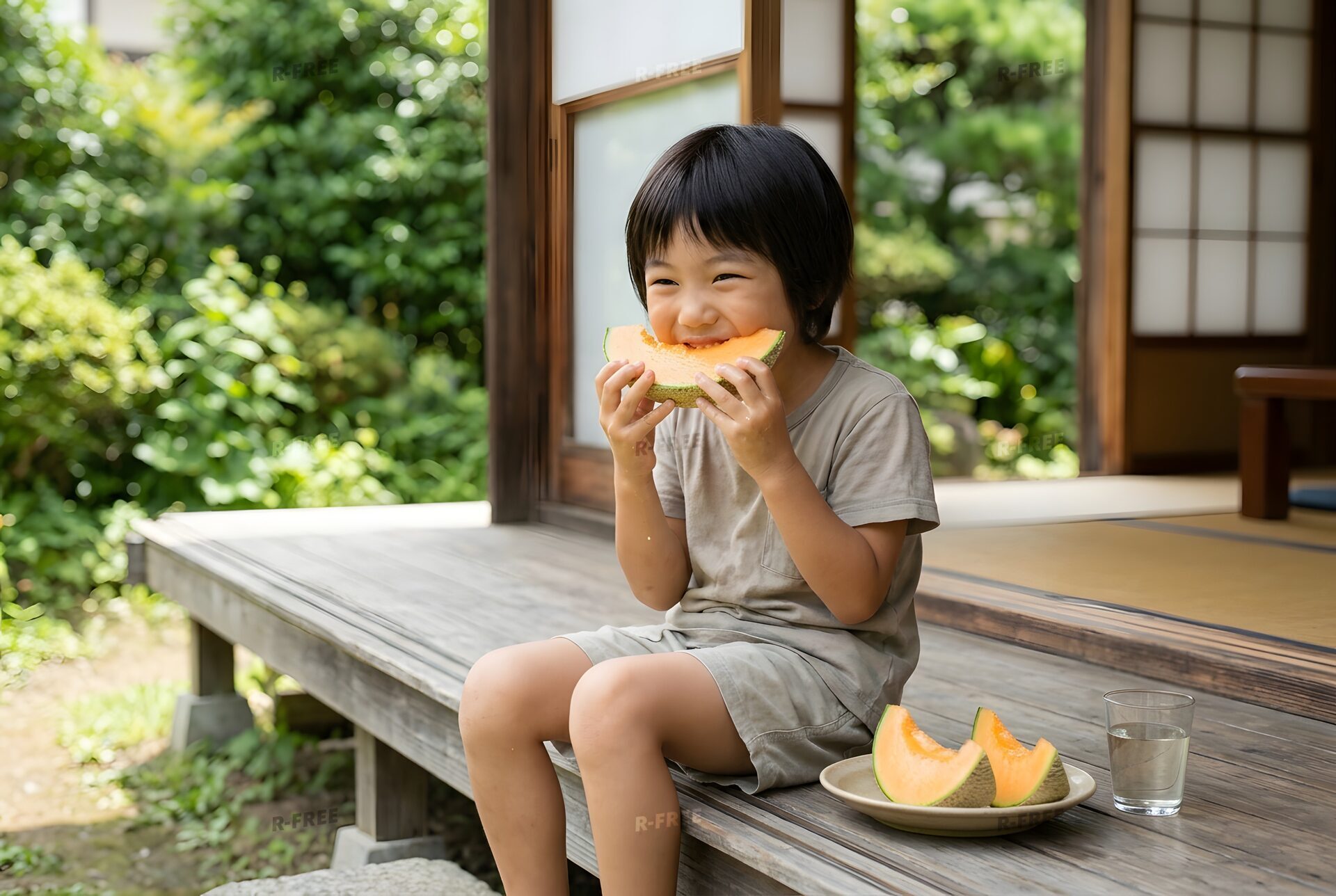 メロンにかぶりつく子ども