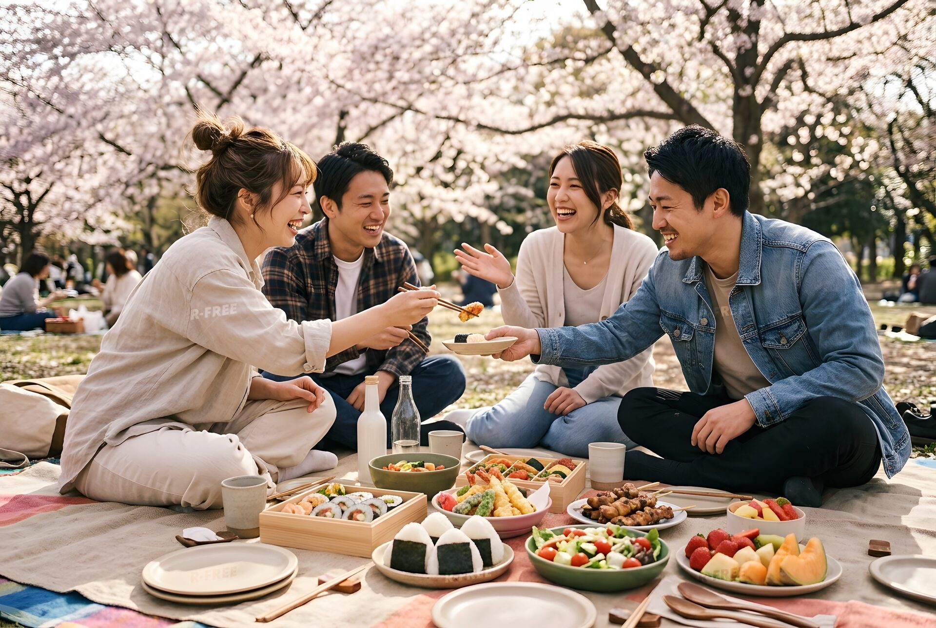 桜の下でお弁当を広げる友人たち