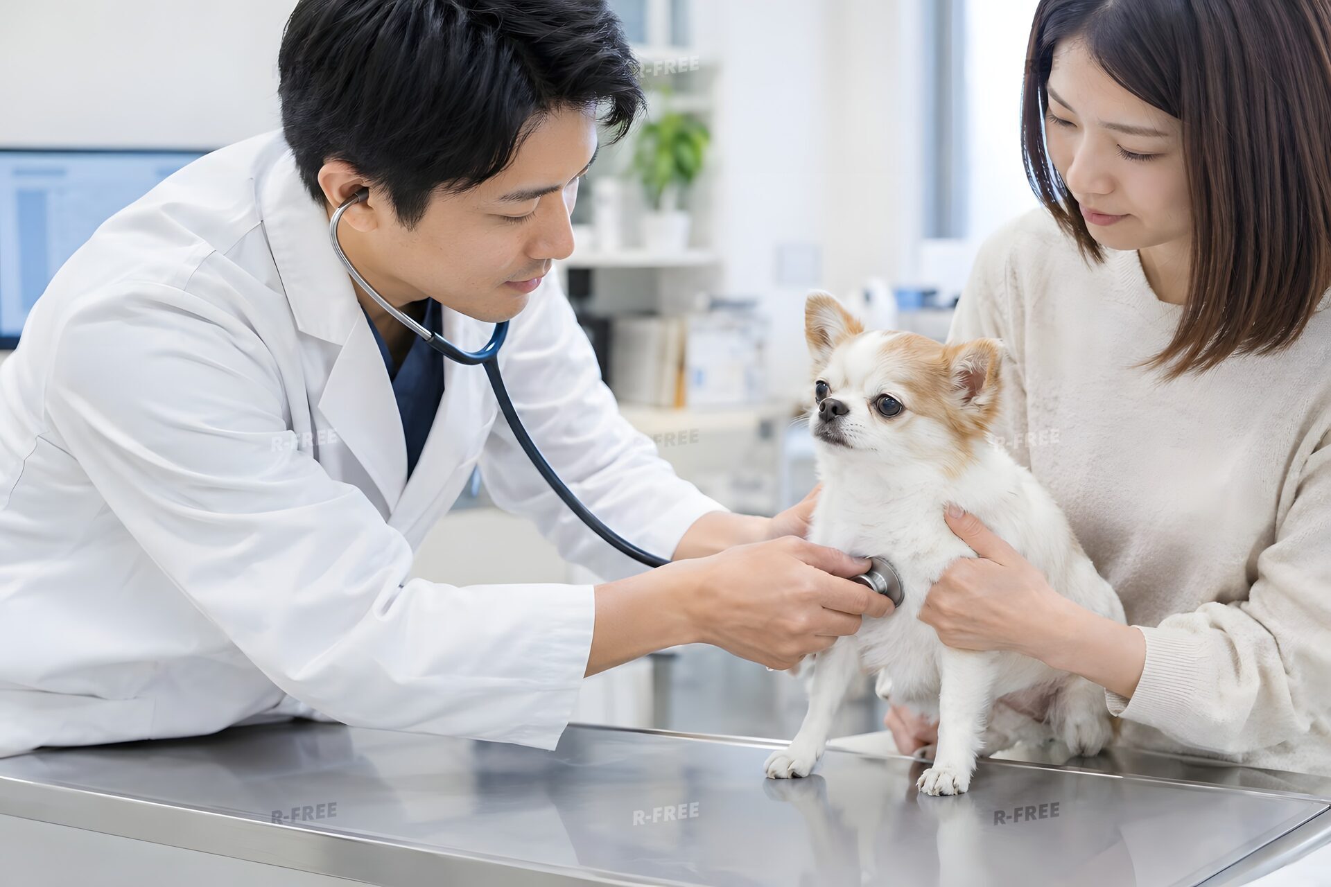 犬の聴診をする獣医