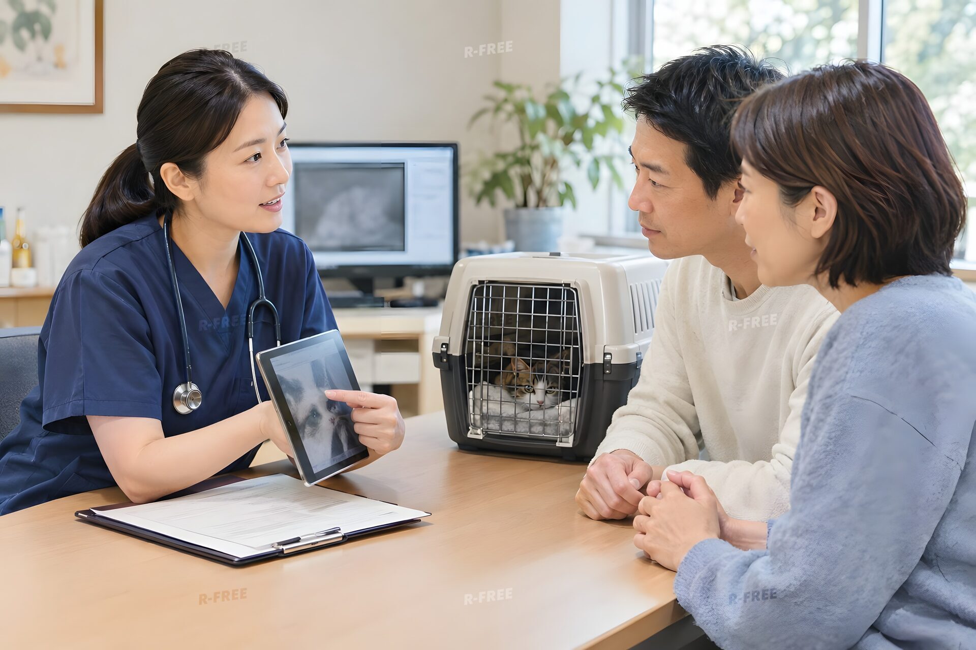 飼い主に説明する獣医