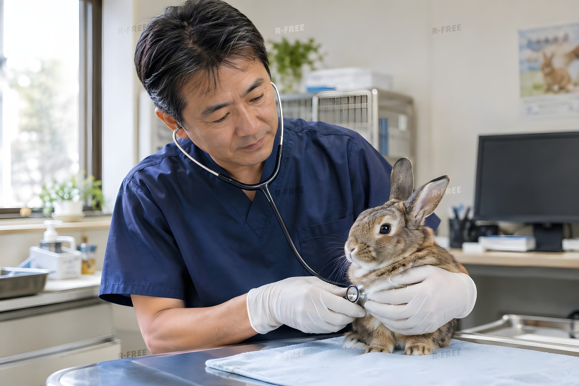 うさぎの健康診断をする獣医