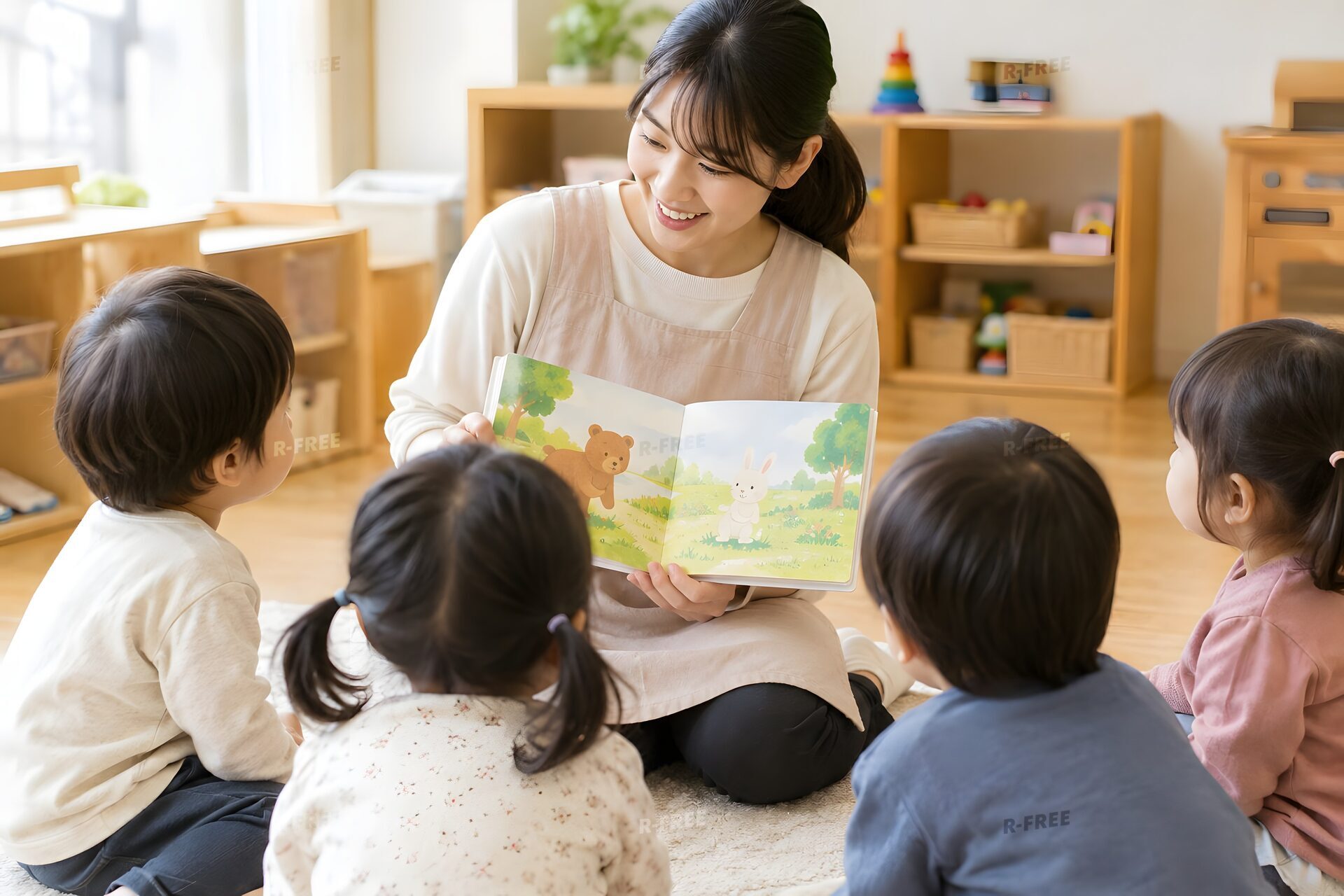 絵本を読み聞かせる保育士