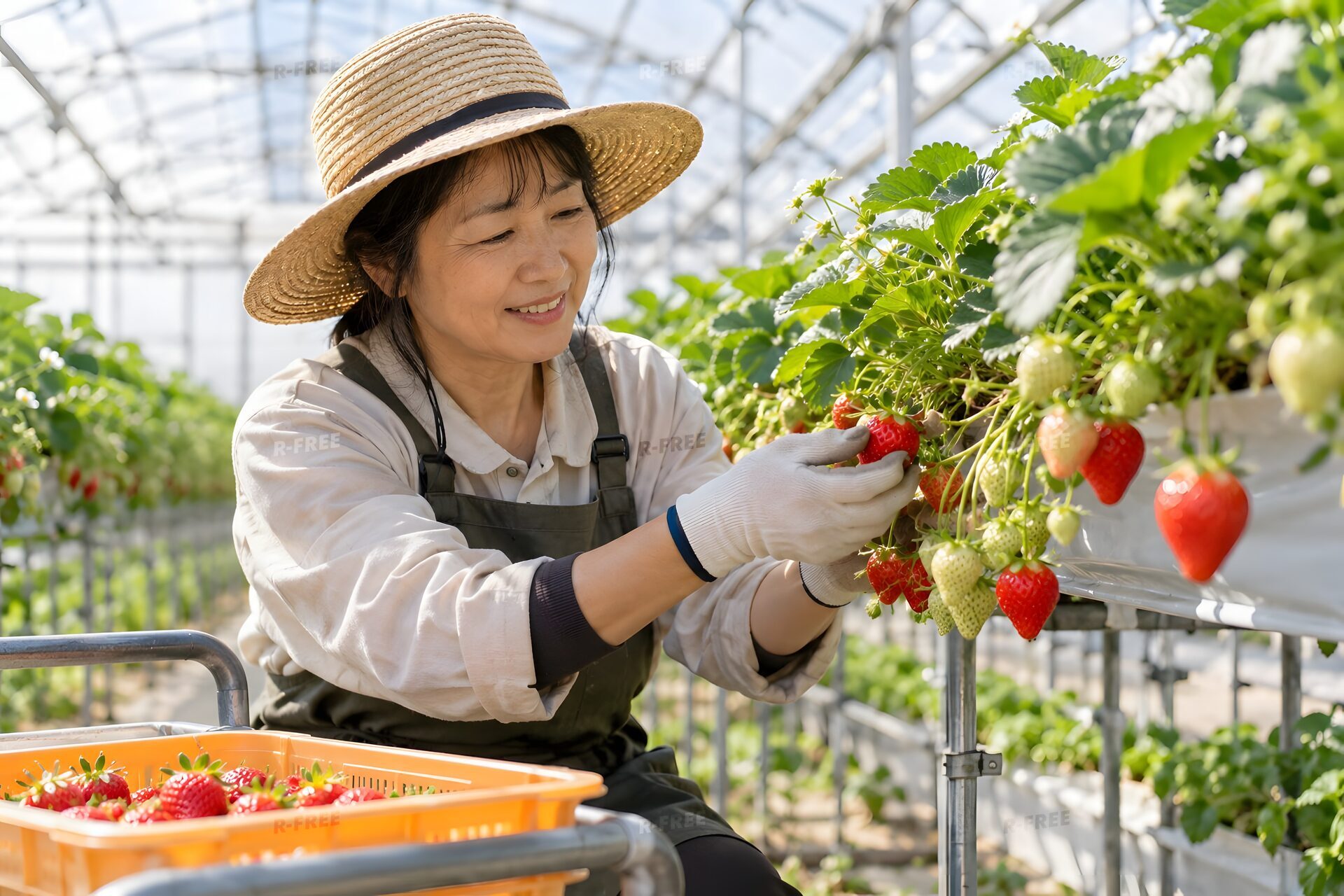 ハウスでいちごを摘む農家