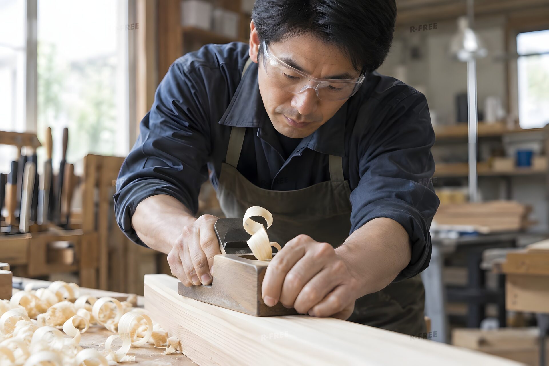 かんなで削られる木の板