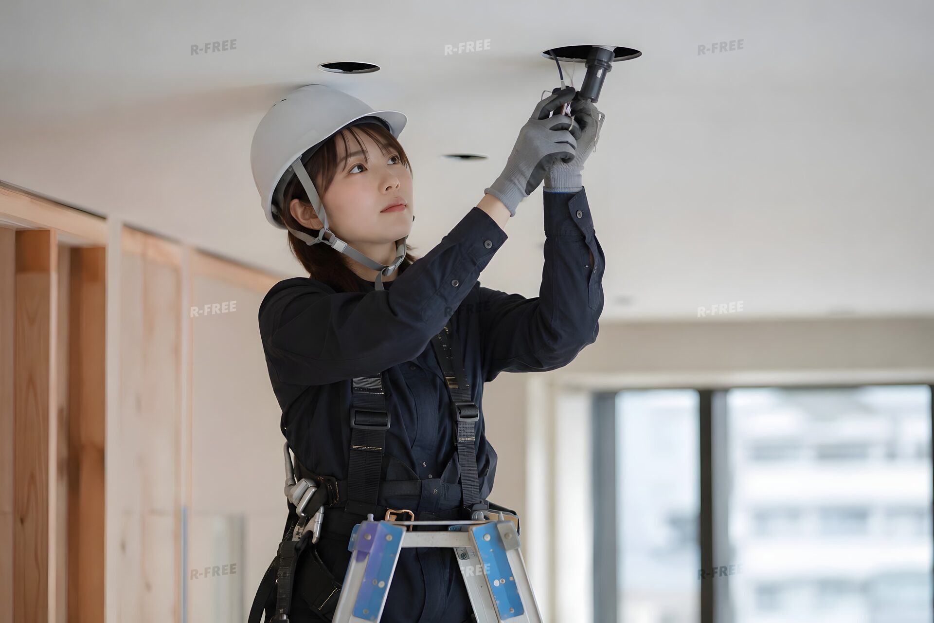天井の照明を取り付ける電気工事士