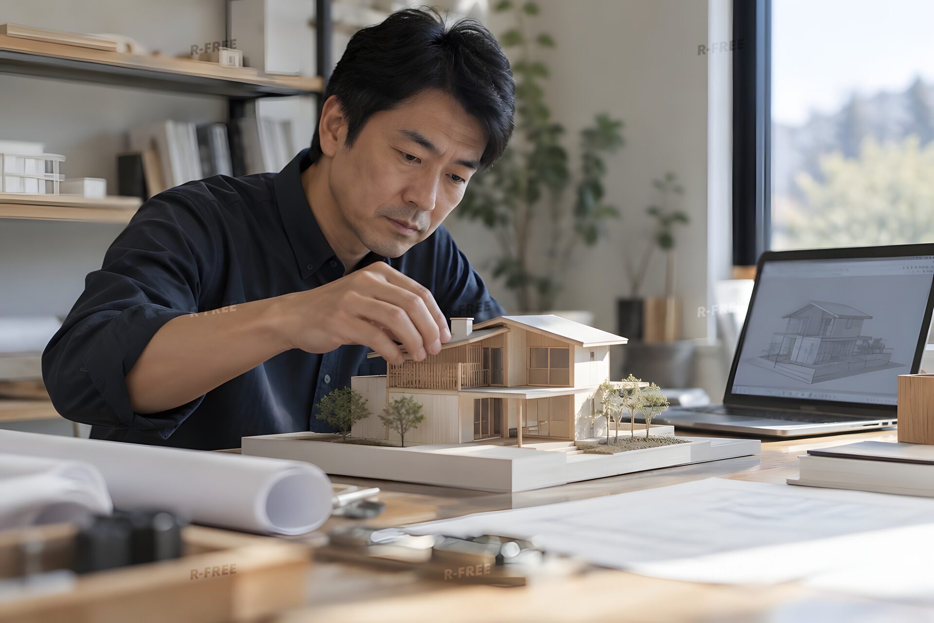 建築模型を調整する建築士