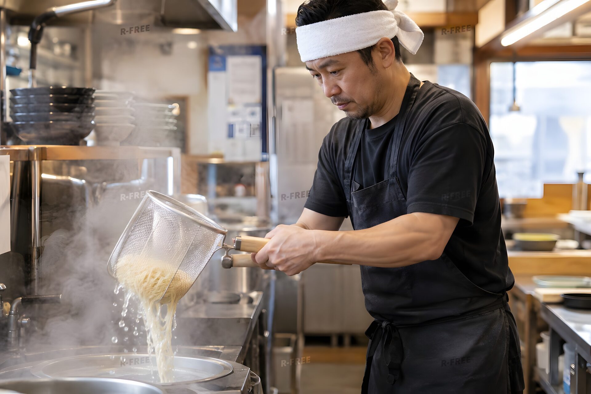 湯切りをするラーメン店主
