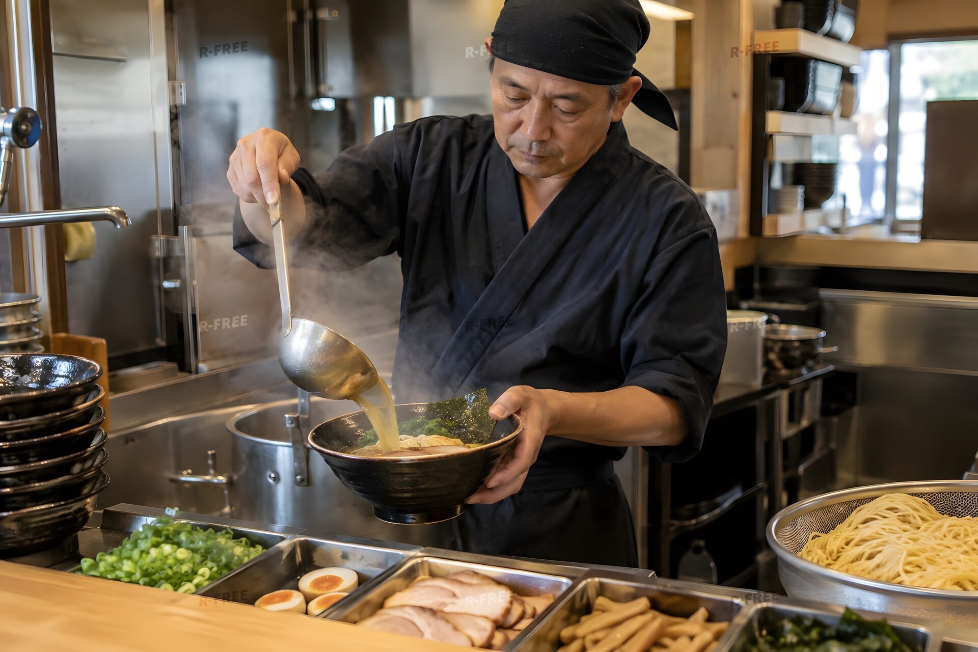 スープを注ぐラーメン店主
