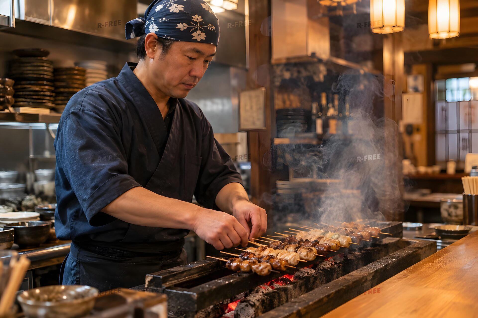 焼き場で焼き鳥を焼く店員