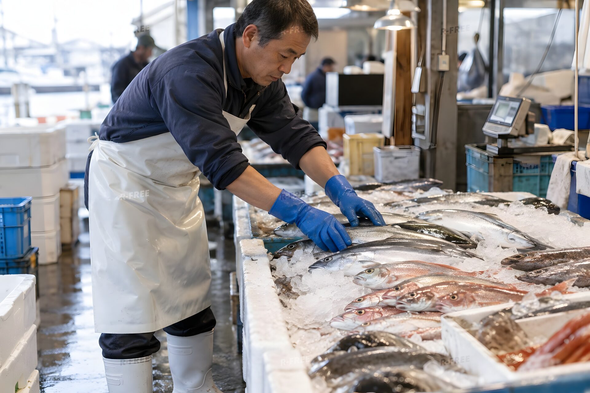 氷の上に魚を並べる魚屋