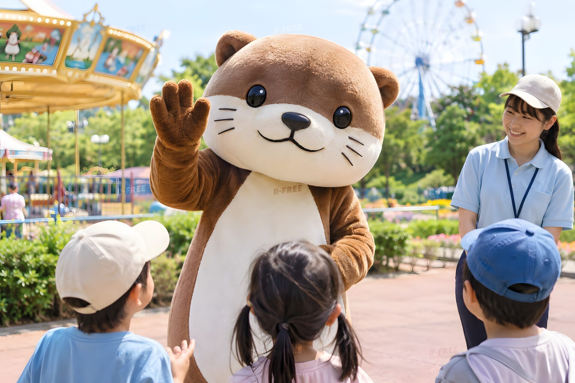 こどもに手を振る着ぐるみのスタッフ