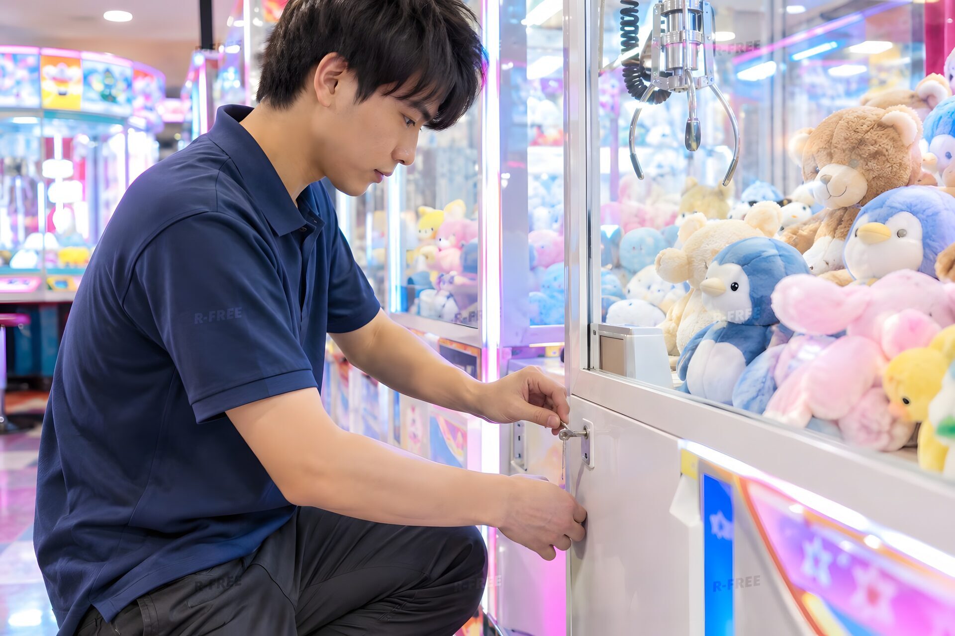 クレーンゲームの景品を補充するスタッフ