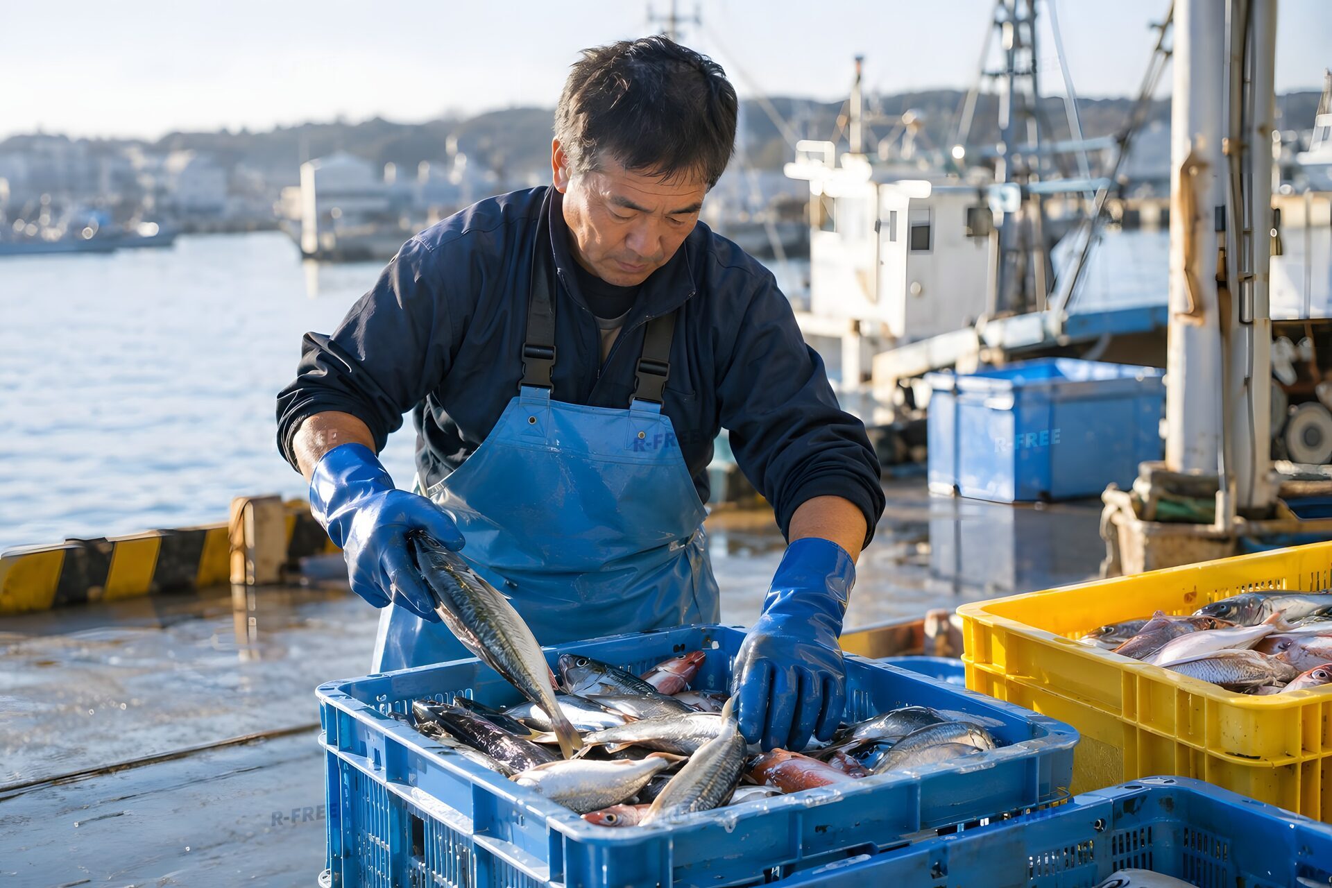水揚げした魚を選別する漁師