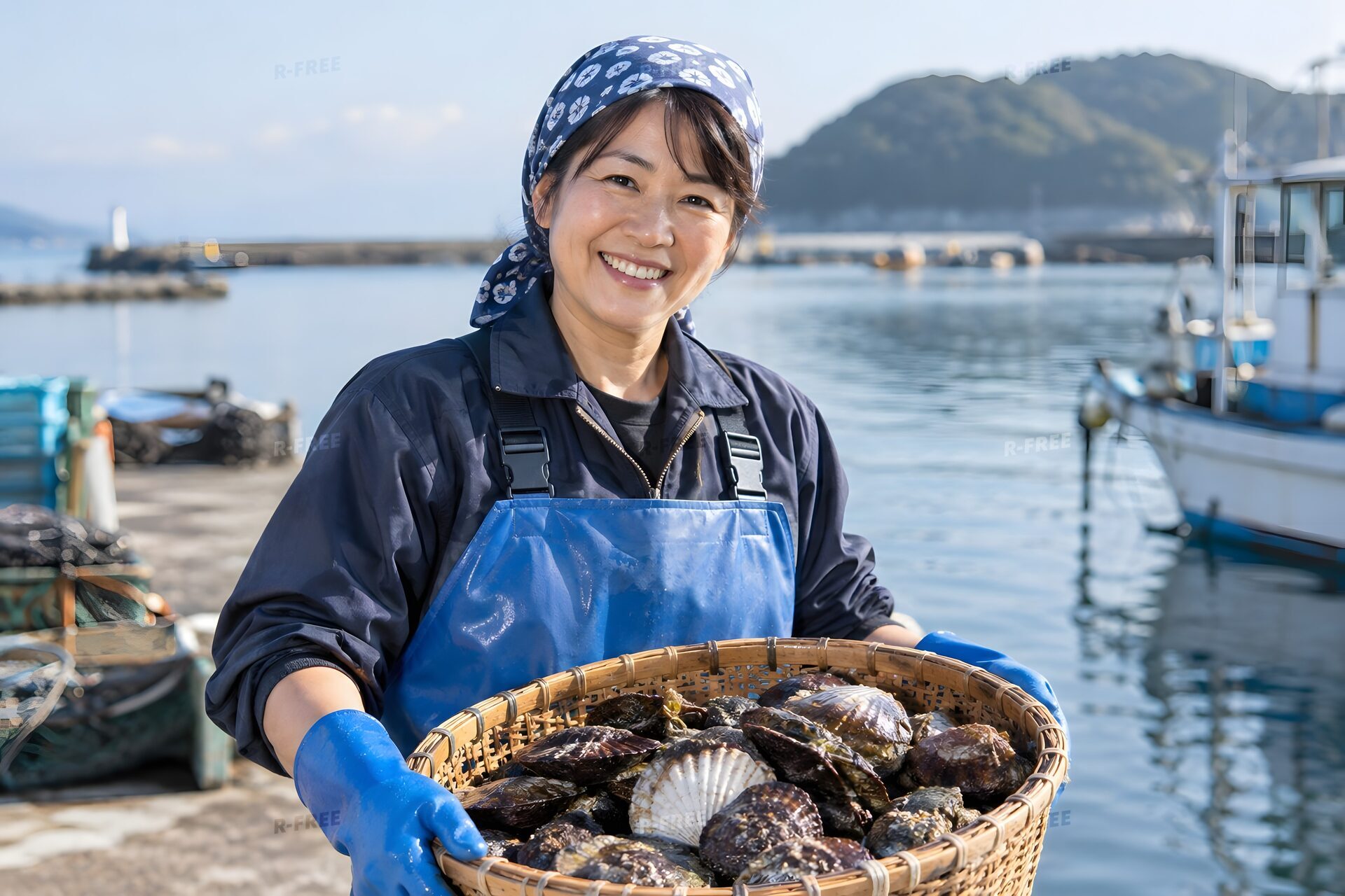 貝を収穫した女性の漁師