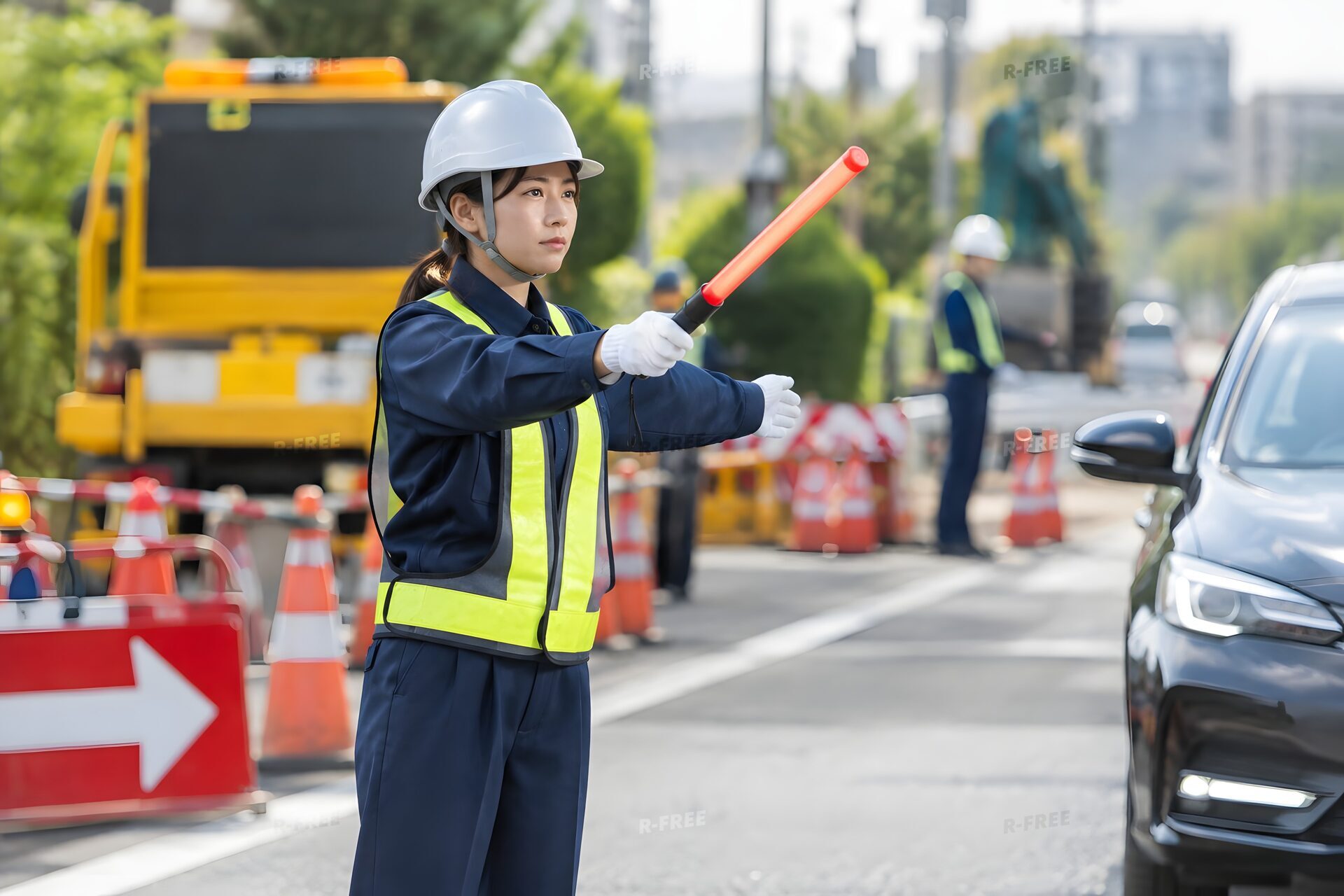 誘導灯で車を誘導する警備員