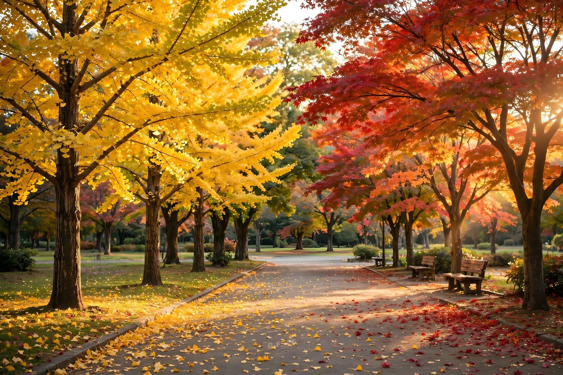 イチョウと紅葉が色づく公園の並木道