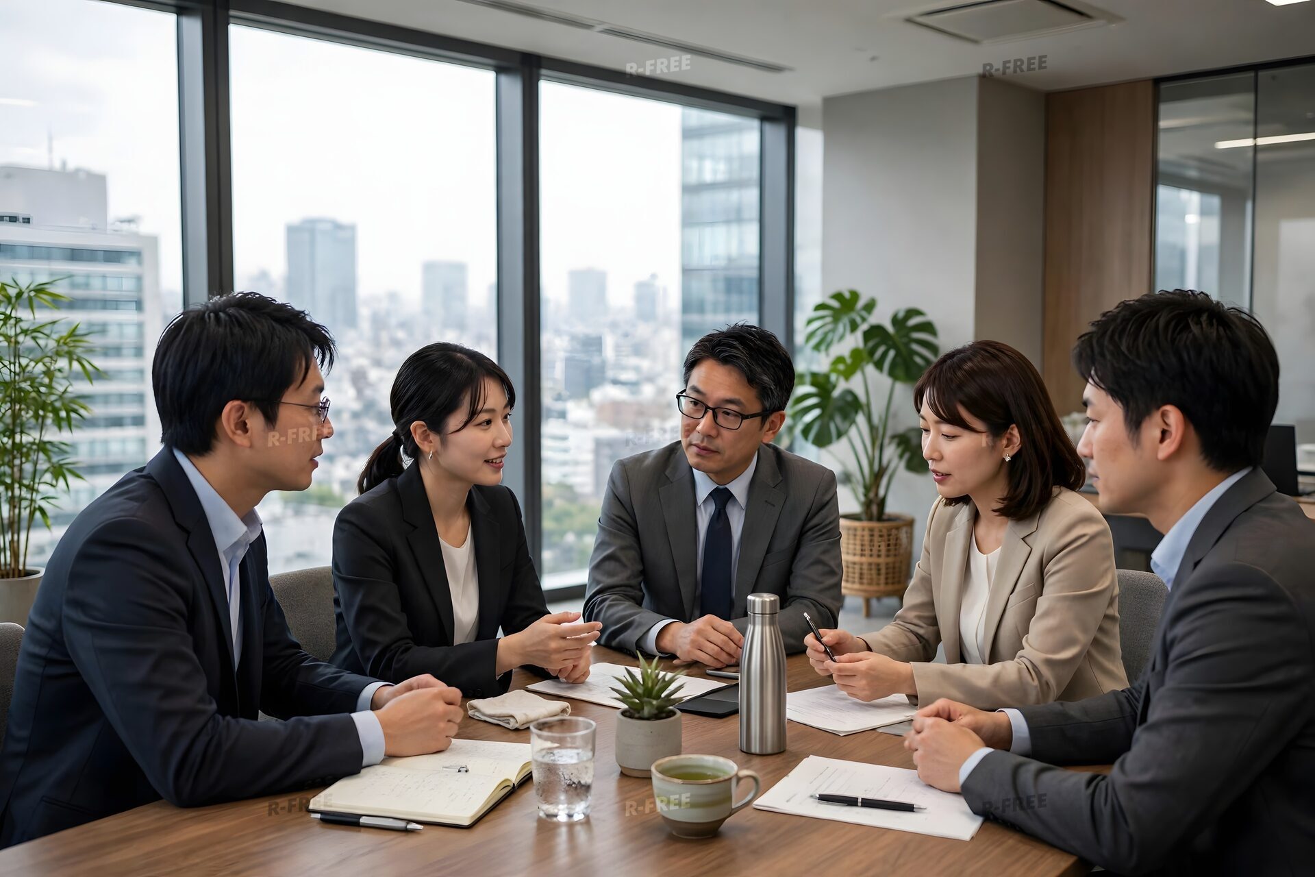 会議室で打ち合わせするビジネスパーソン