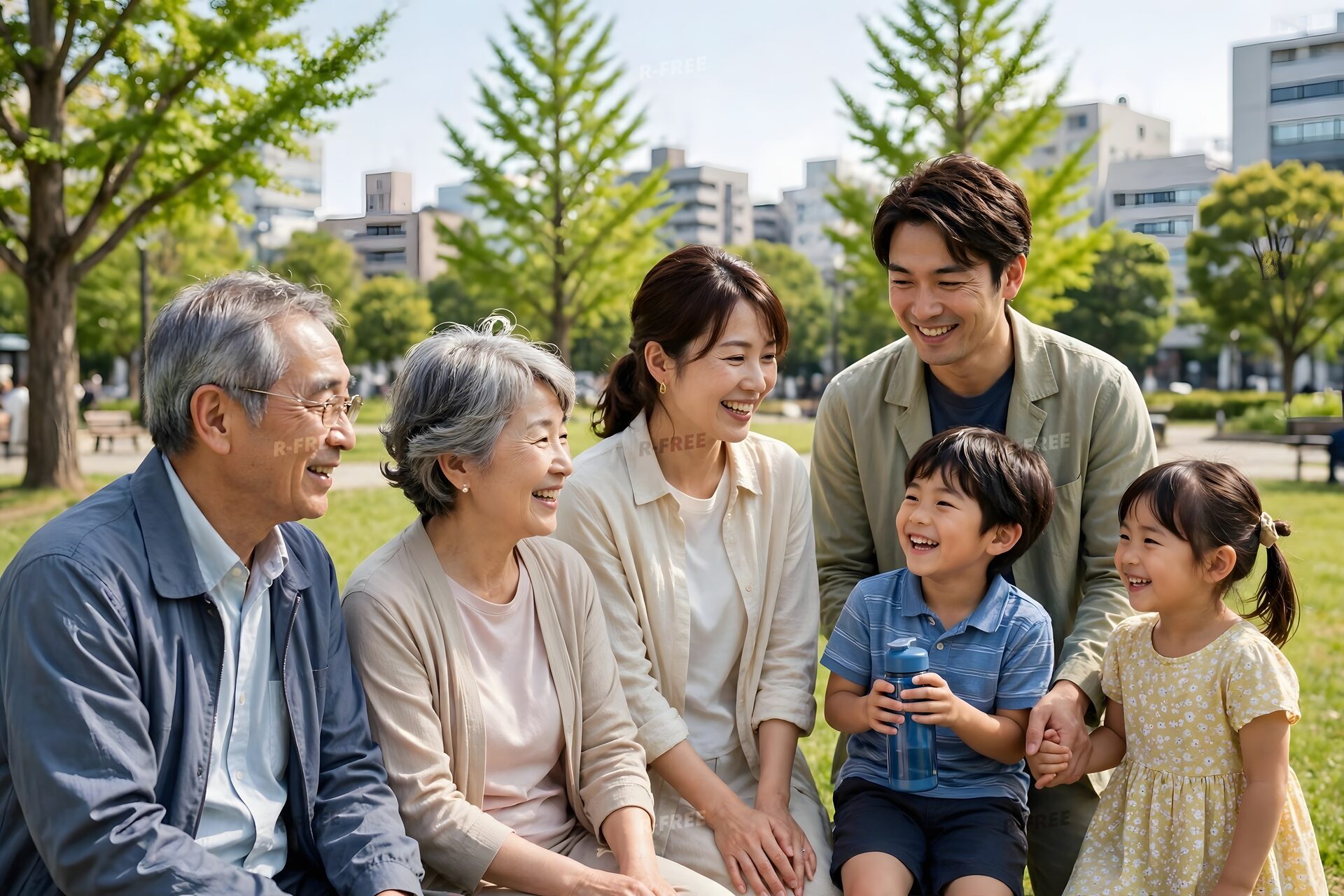 公園で笑い合う三世代の家族