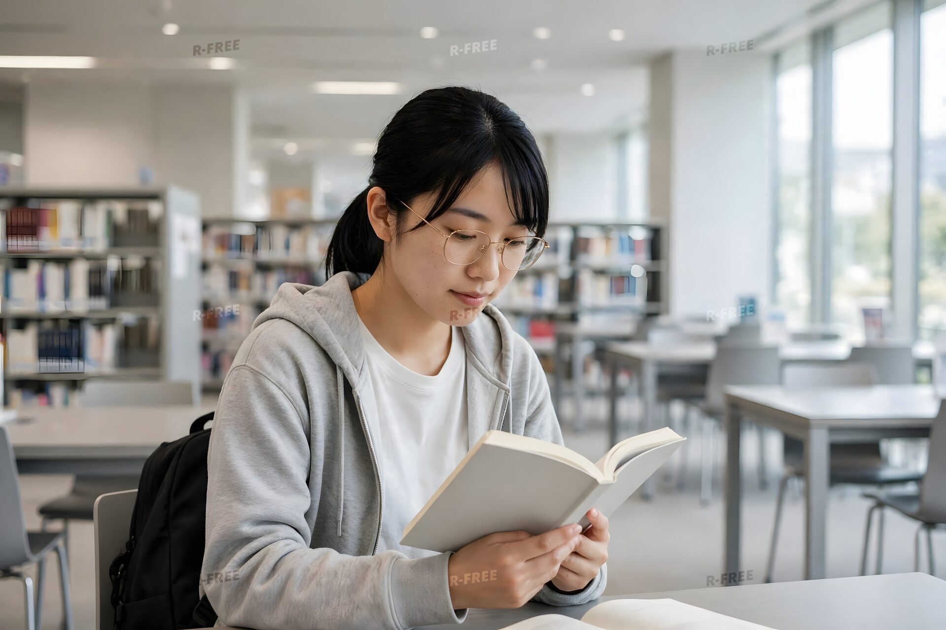 図書館で本を読む女性