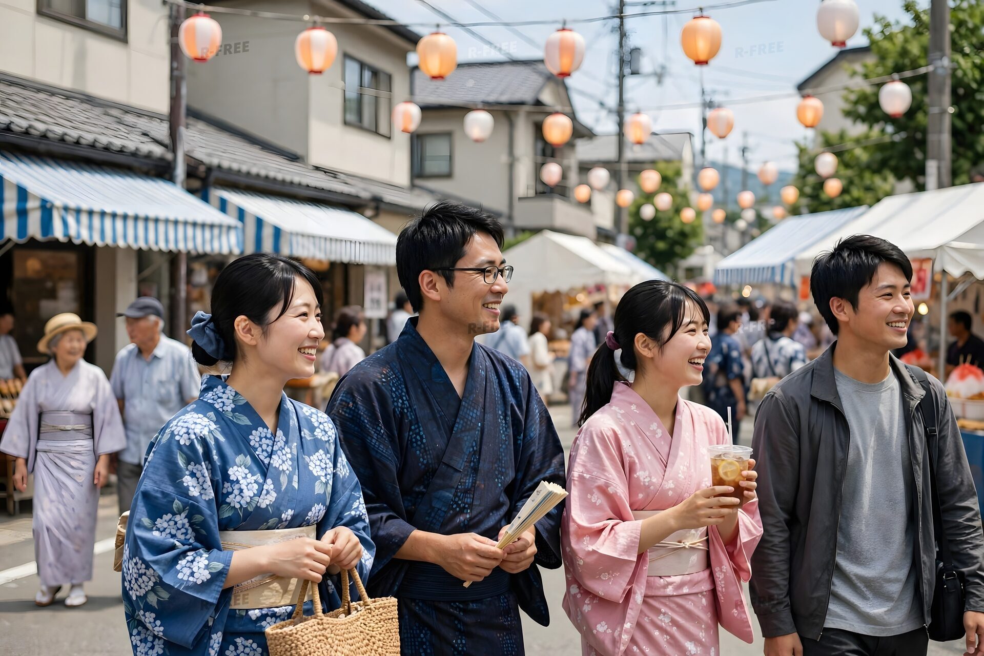 浴衣で夏祭りの通りを歩く人たち